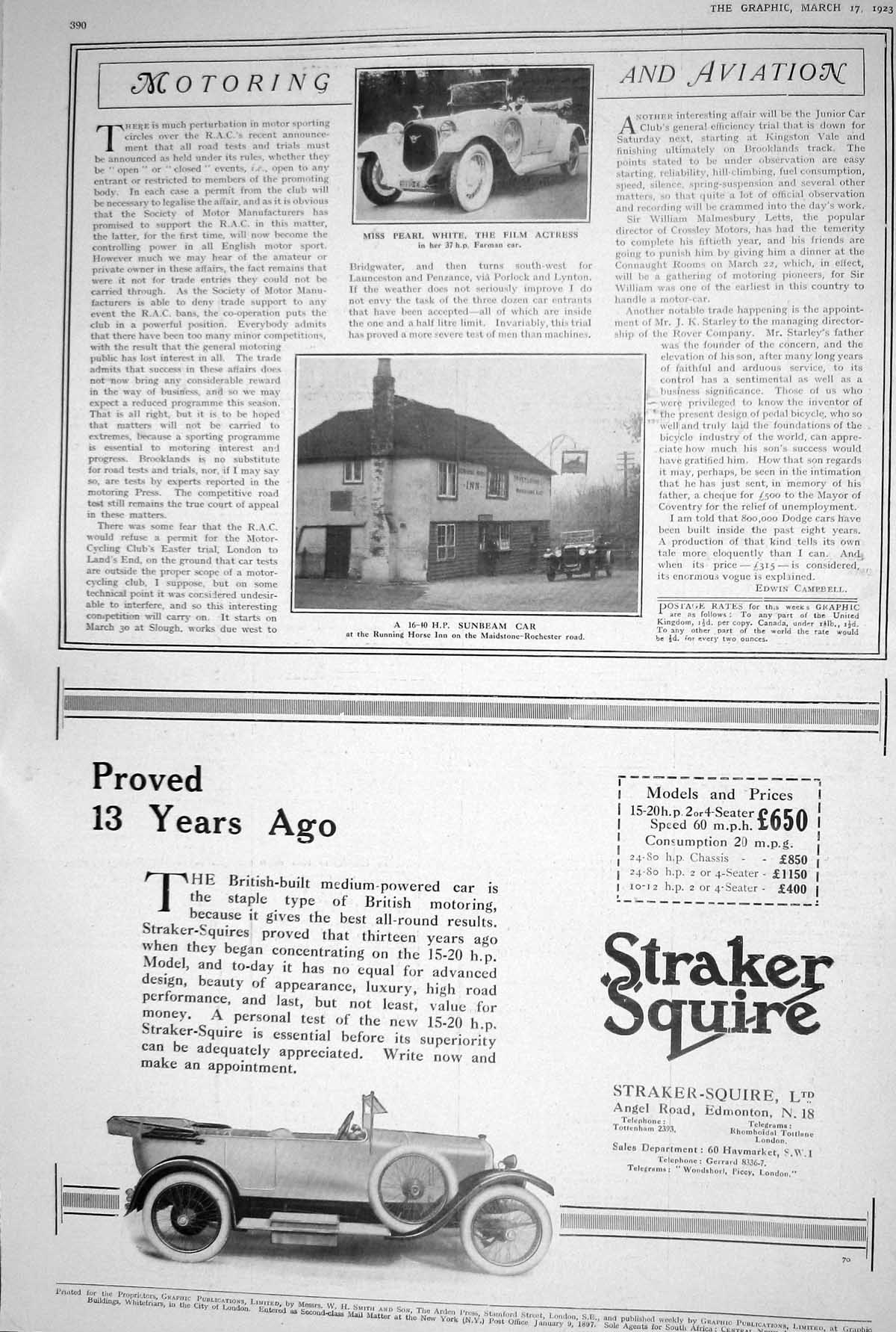 Old 1923 Motoring Aviation Farman Car Pearl White Actress Sunbeam Str 20th