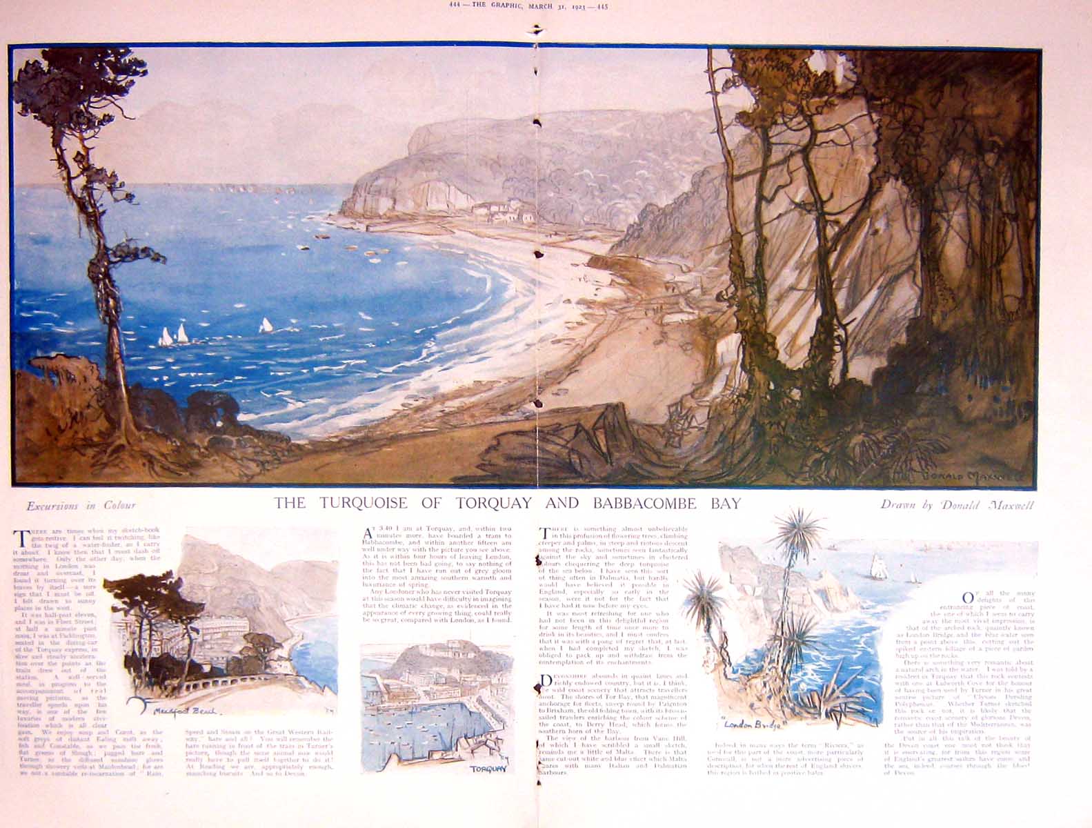 Old 1923 Torquay Babbacombe Bay Drawing Maxwell Cavemen Chalk-Miners 20th