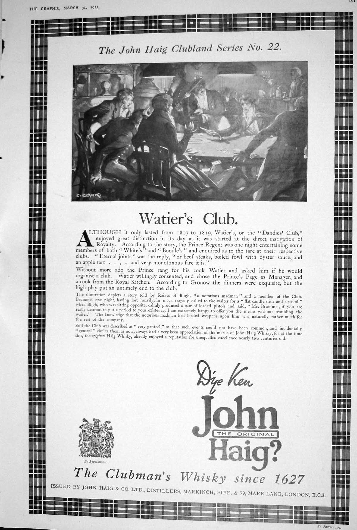 Antique Old Print 1923 John Haig Clubmans Whisky Waiters Club Land Series 22