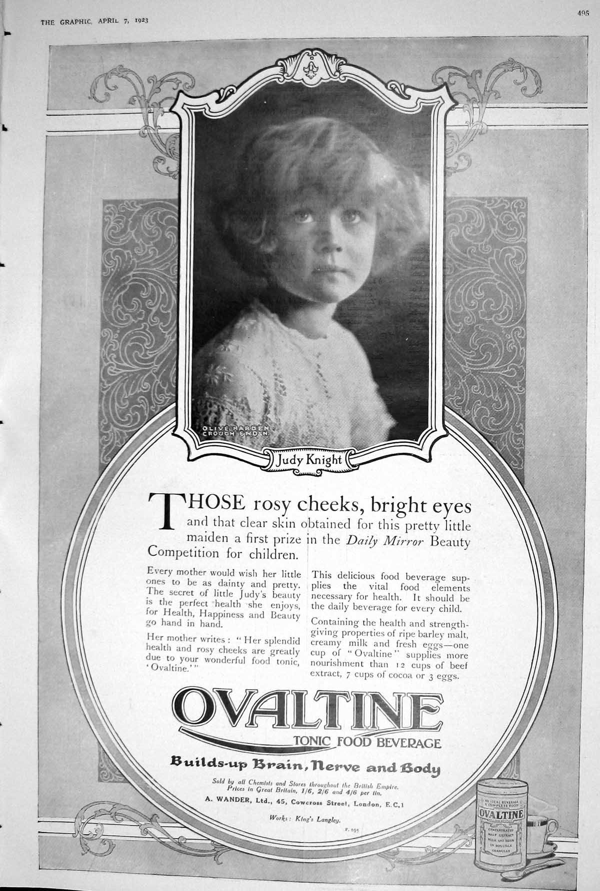 Old 1923 Ovaltine Tonic Food Beverage Judy Knight Adveritsement Photo 20th