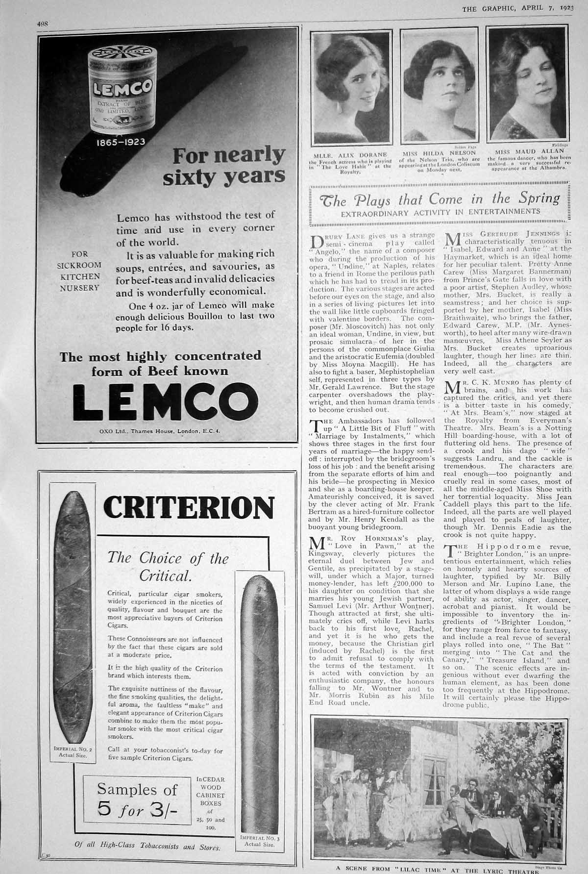 Old 1923 Lemco Criterion Theatre Lilac Time Lifebuoy Soap Advert Dora 20th