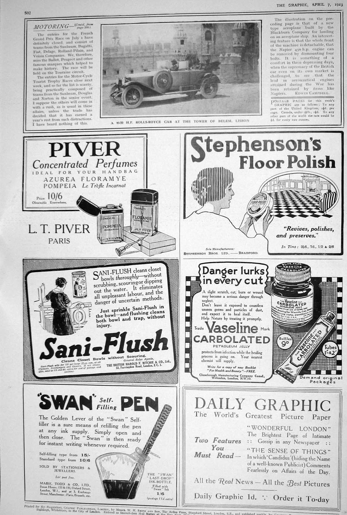 Old 1923 Swan Pen Vaseline Carbolated Sani-Flush Piver Stephensons Ro 20th