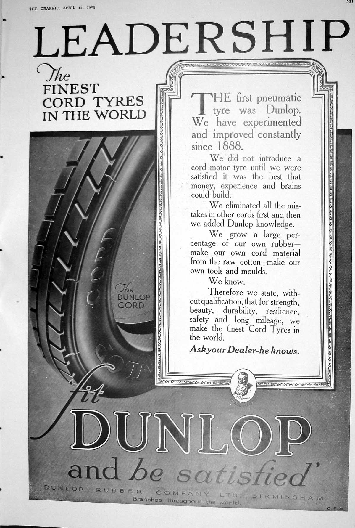 Old Print 1923 Dunlop Rubber Company Tyres Cord Leadership Advertisement 20th