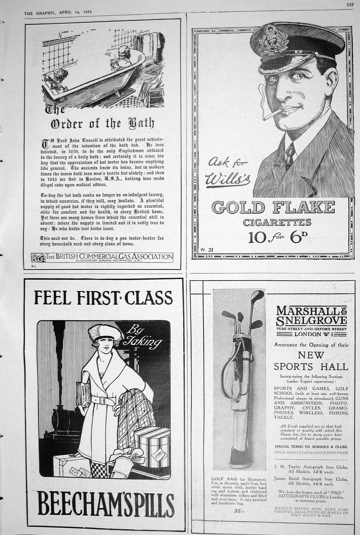 Antique Print 1923 Beechams Pills Marshall Snelgrove Golf Bag GFlake Cigare