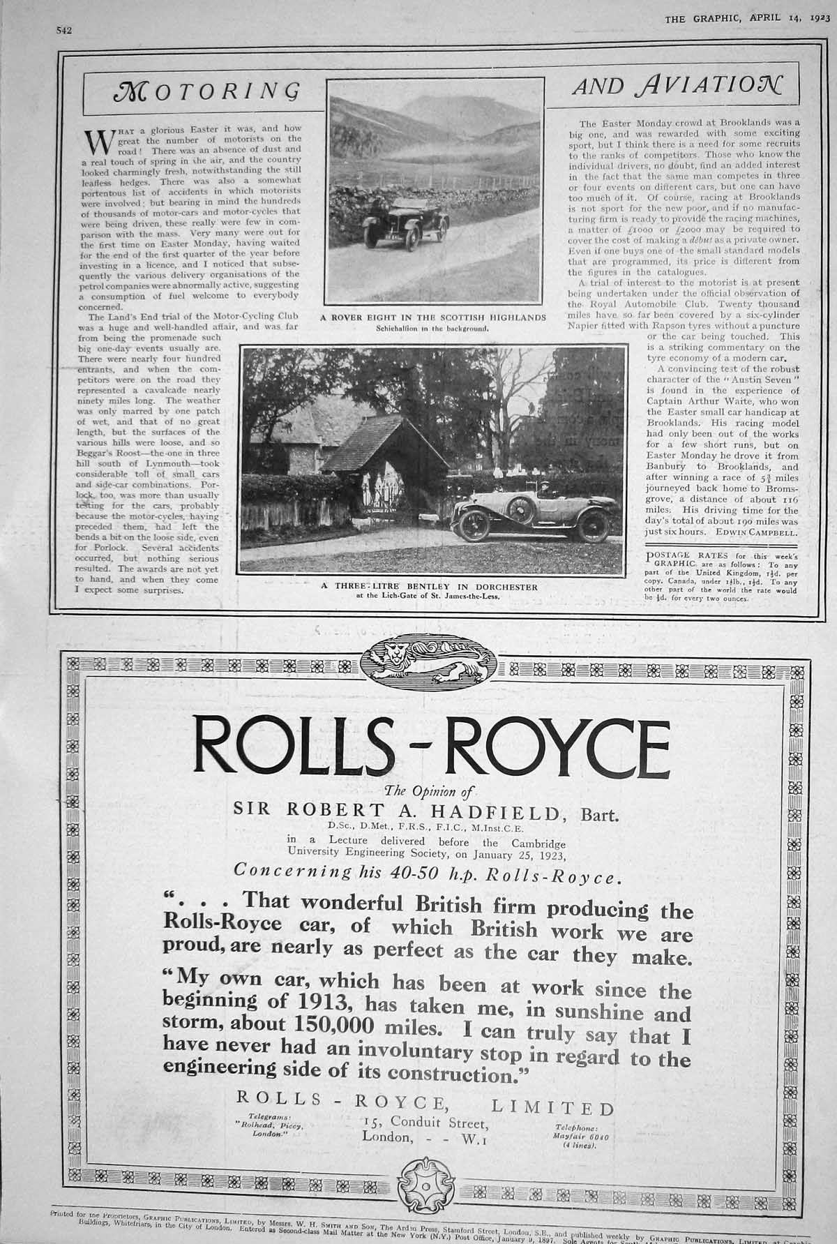 Antique Old Print 1923 Rolls-Royce Car Motor Rover Eight Three-Litre Bentley