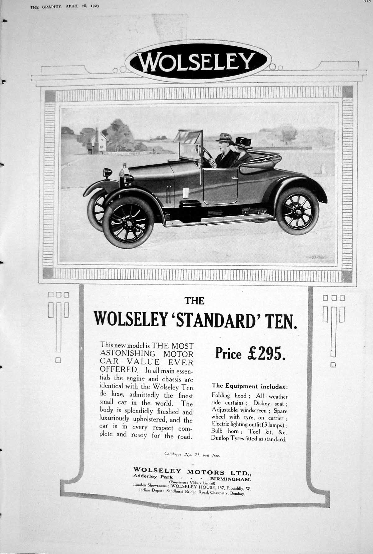 Antique Old Print 1923 Wolseley Car Motor Standard Ten Picture Description 20th