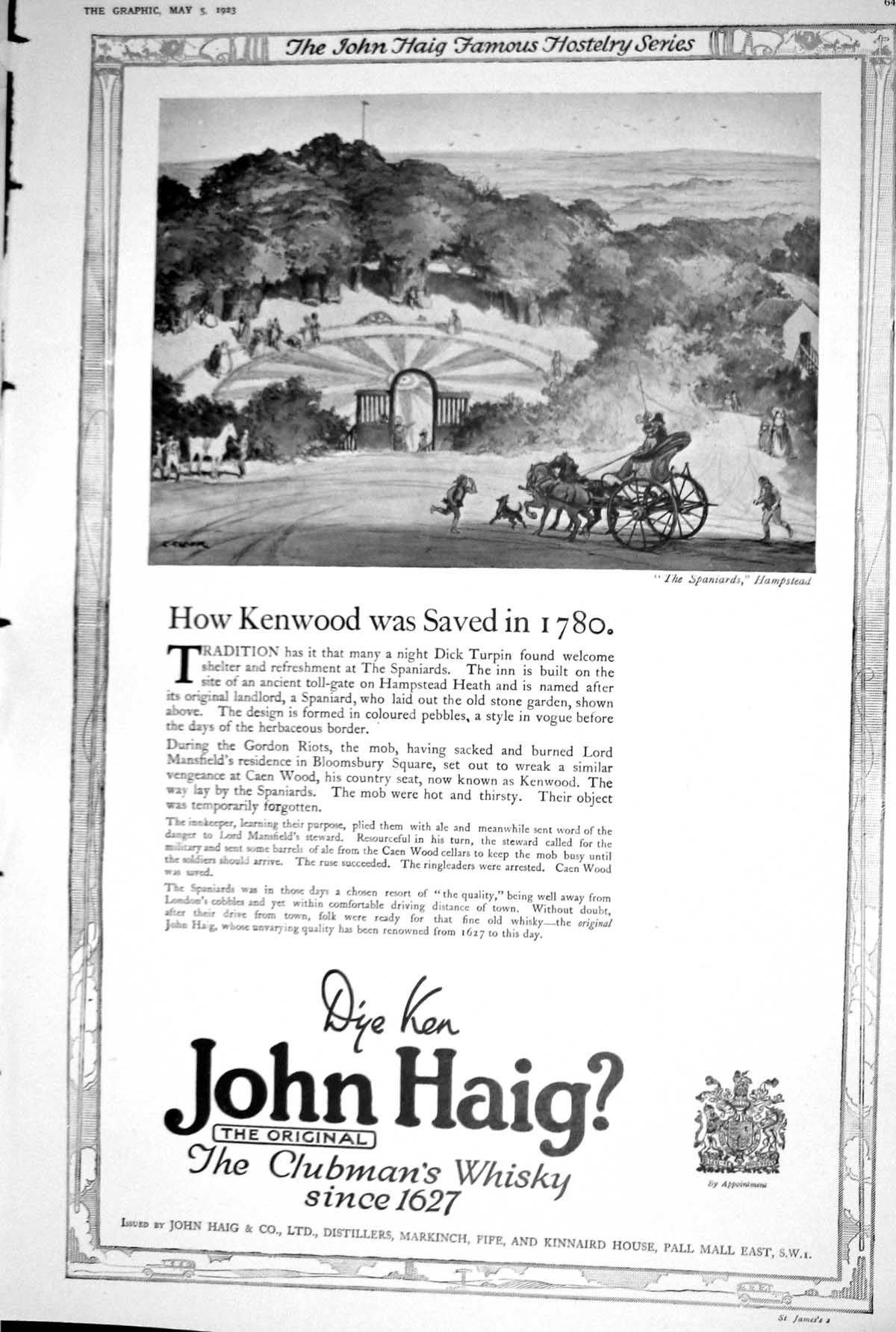 Old 1923 John Haig Clubmans Whisky Hostelry Series Spaniards Hampstea 20th