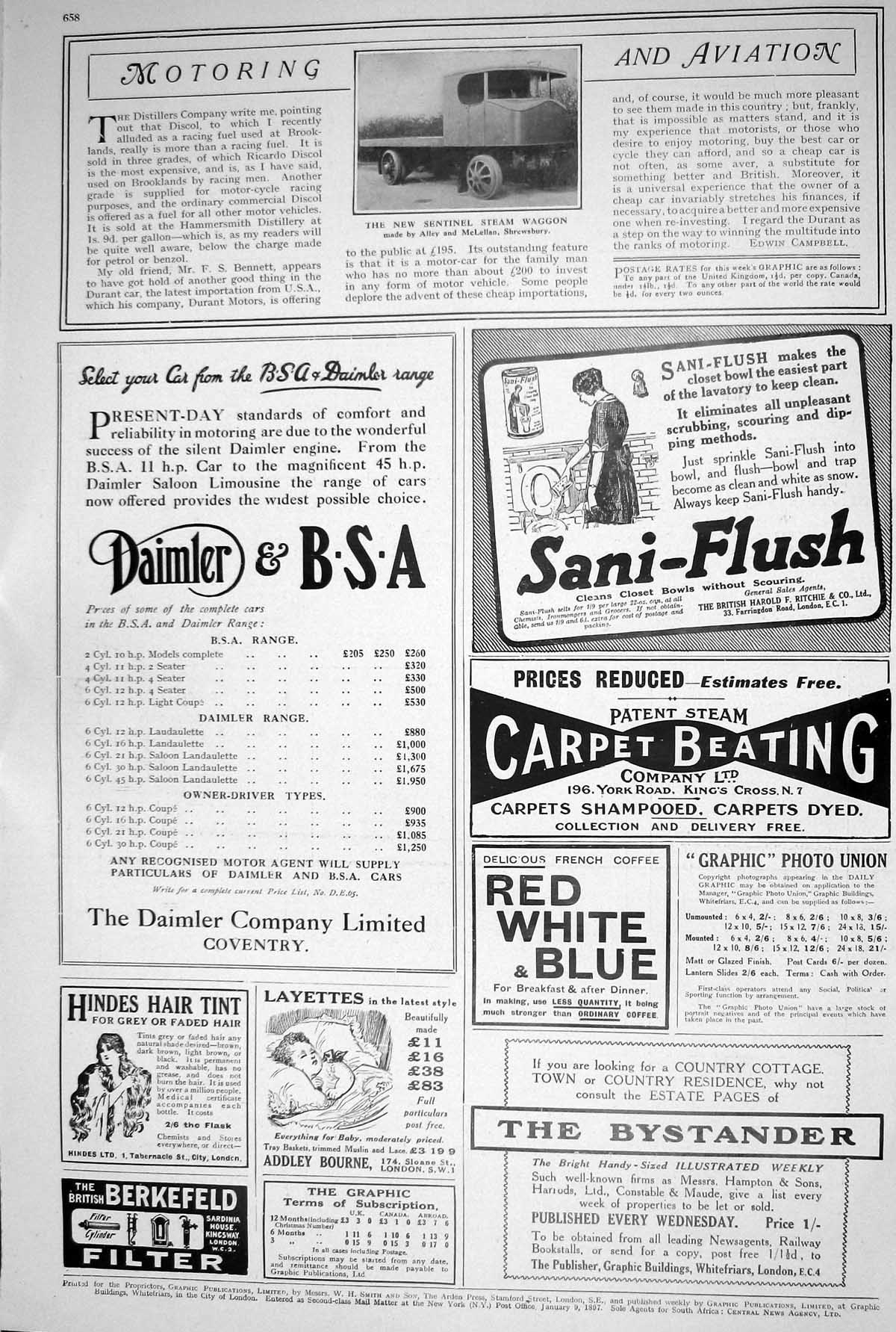 Old 1923 Motoring Aviation Sentinel Steam Waggon Sani-Flush Layettes 20th