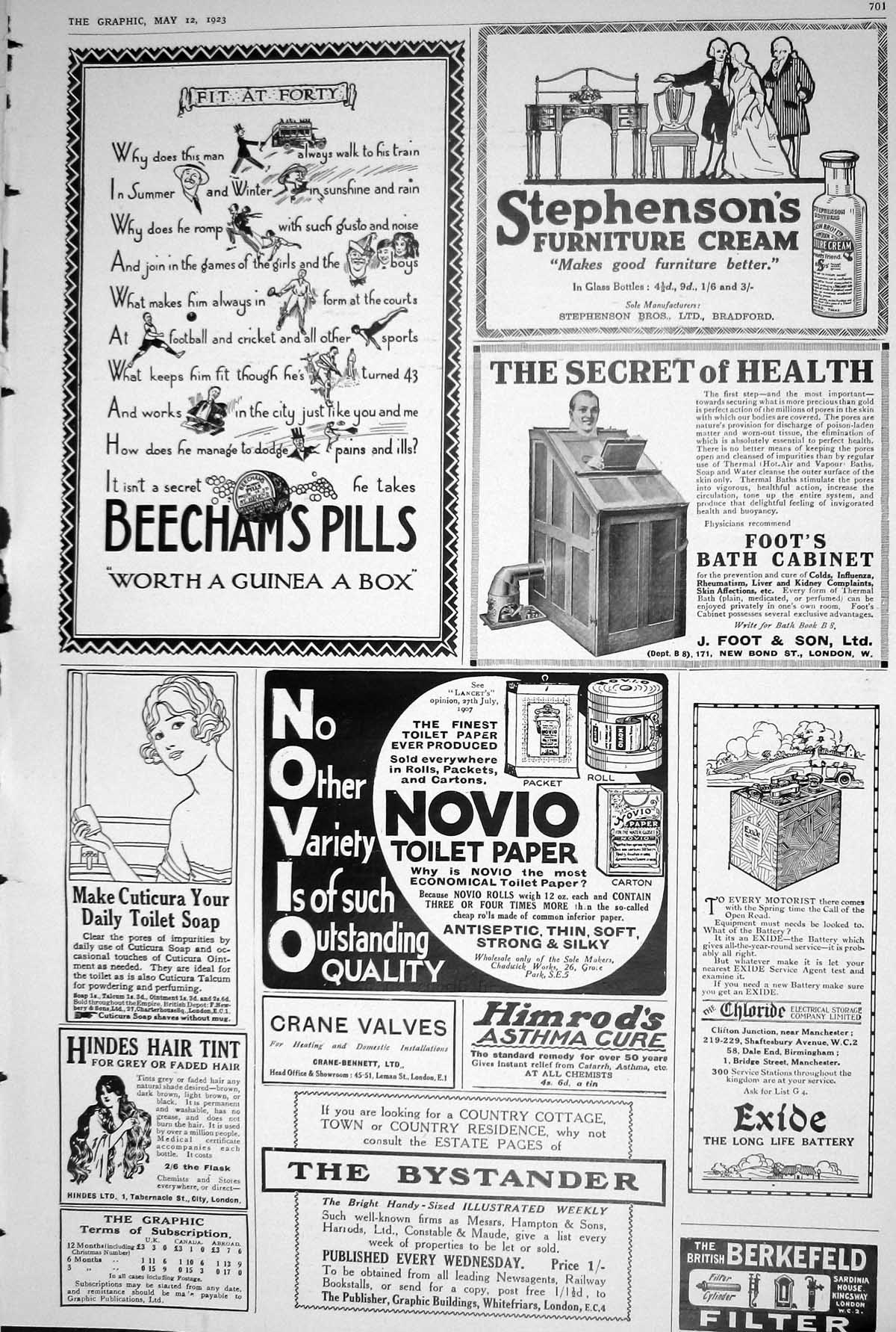 Old 1923 Beechams Pills Stephensons Foots Bath Cabinet Novio Cuticura 20th