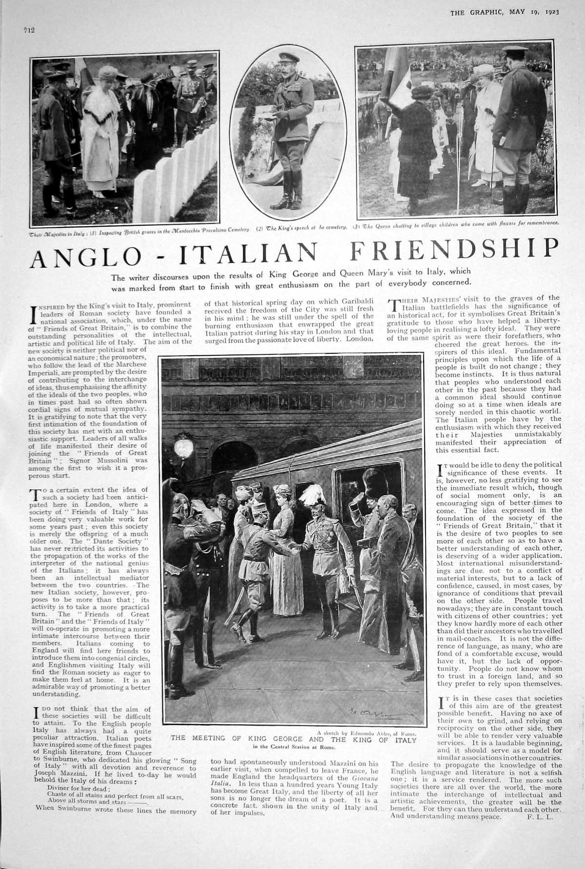 Old 1923 Anglo-Italian Friendship King George Italy Cross Sacrafice M 20th