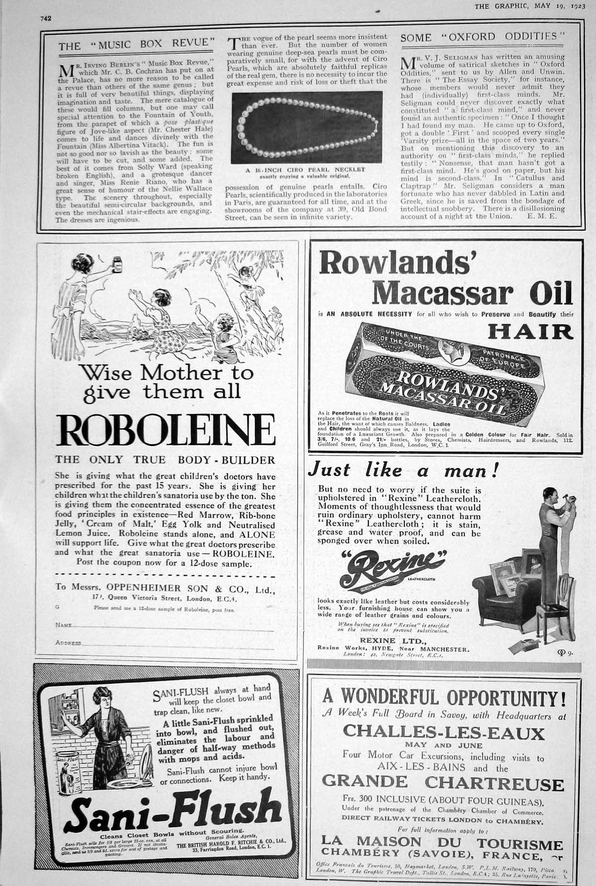 Old 1923 Pearl Necklet Ciro Sani-Flush Roboleine Rowlands Macassar Oi 20th