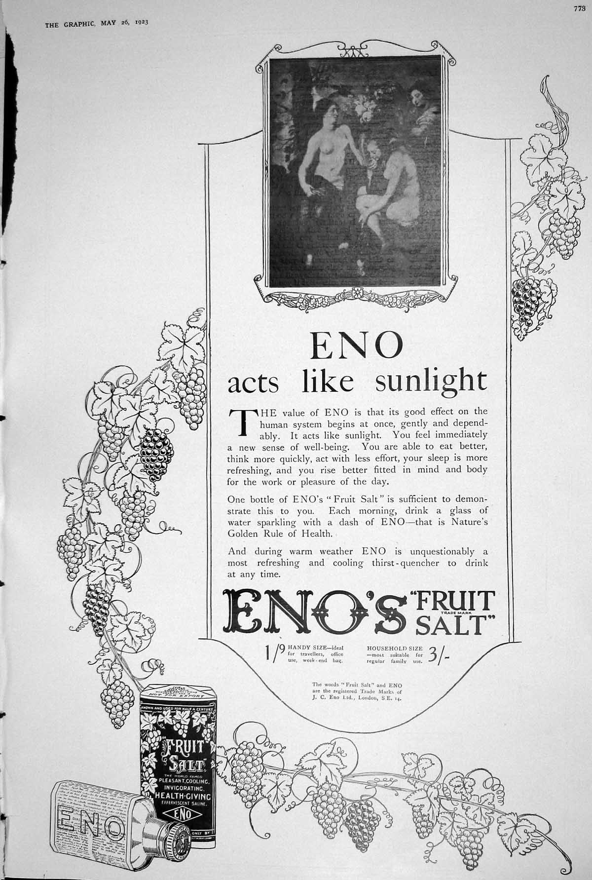 Antique Old Print 1923 Enos Fruit Salt Effervescent Saline Thirst-Quencher 20th