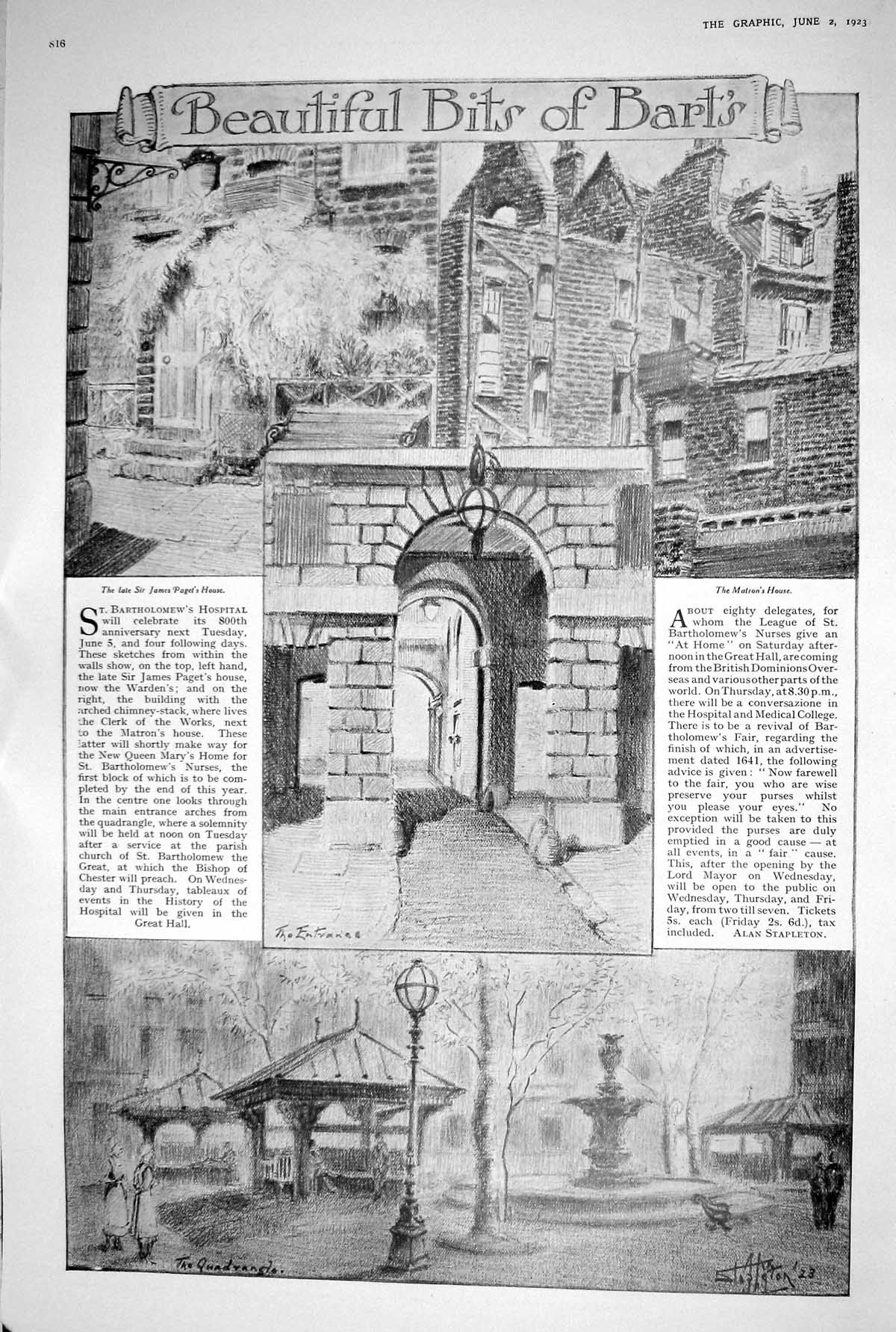 Old 1923 Barts Hospital Entrance Quadrangle House Buchanans Black Whi 20th