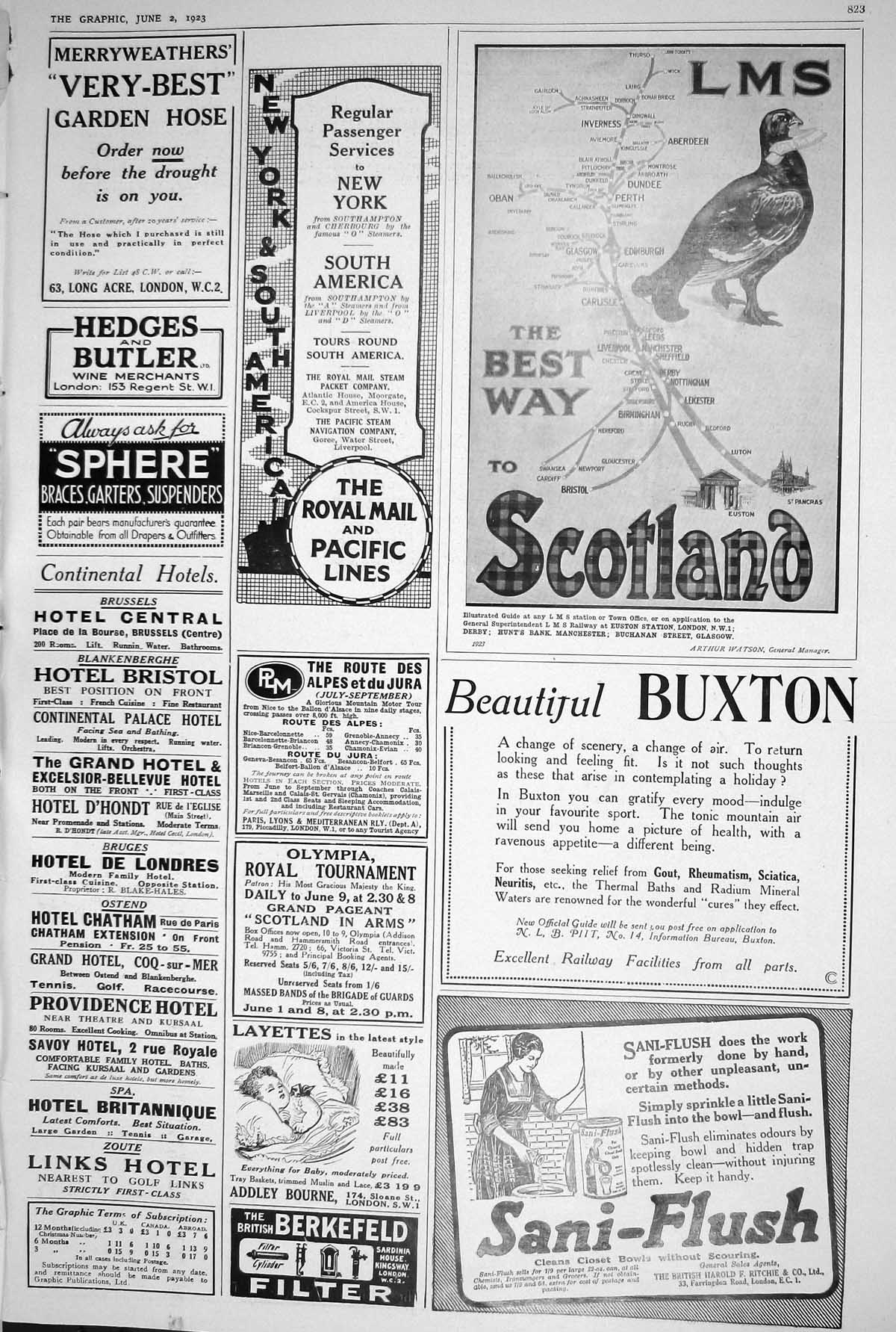 Old 1923 Scotland Map Royal Mail Pacific Lines Steam Buxton Sani-Flus 20th