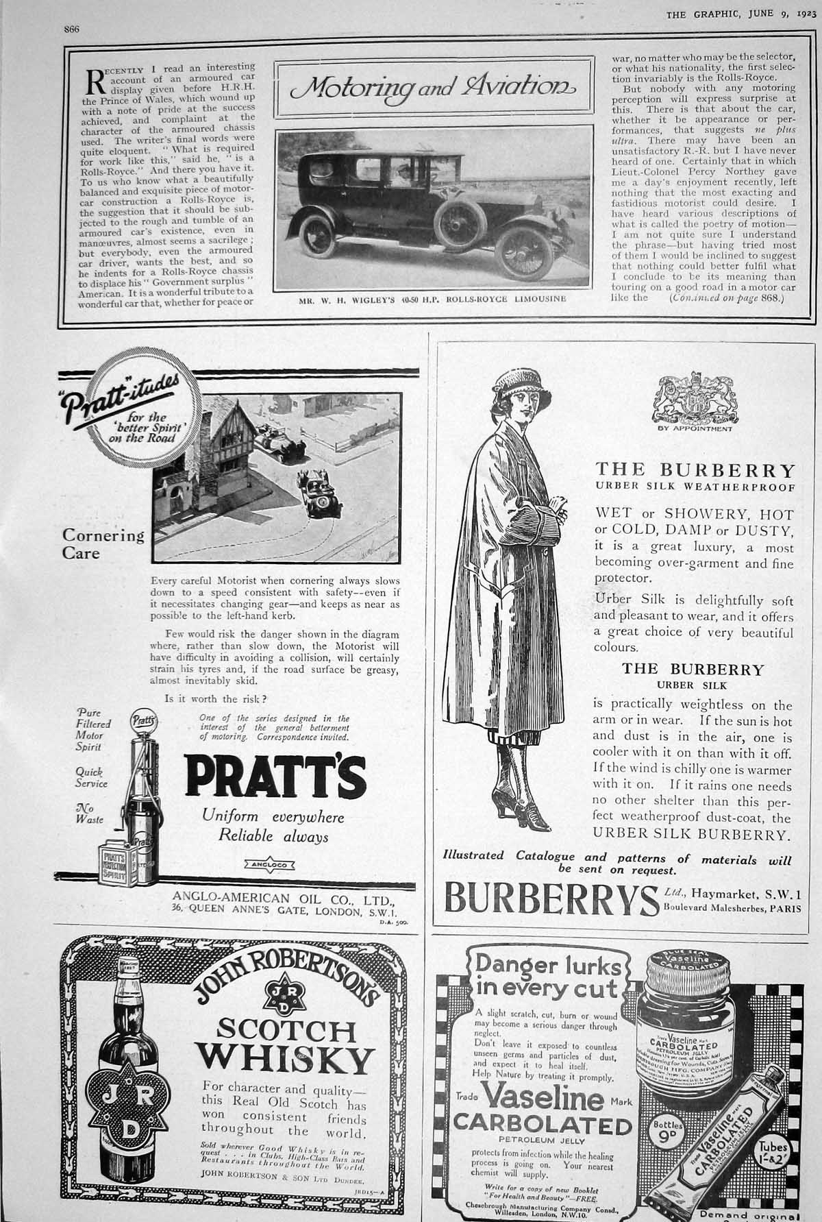 Old 1923 Motoring Rolls-Royce Limousine Pratts Scotch Whisky Vaseline 20th