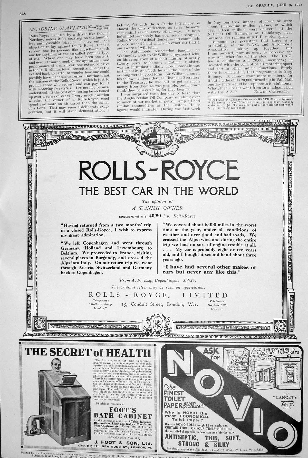 Old Print 1923 Rolls-Royce Car Motoring Foot Bath Cabinet Novio Aviation 20th