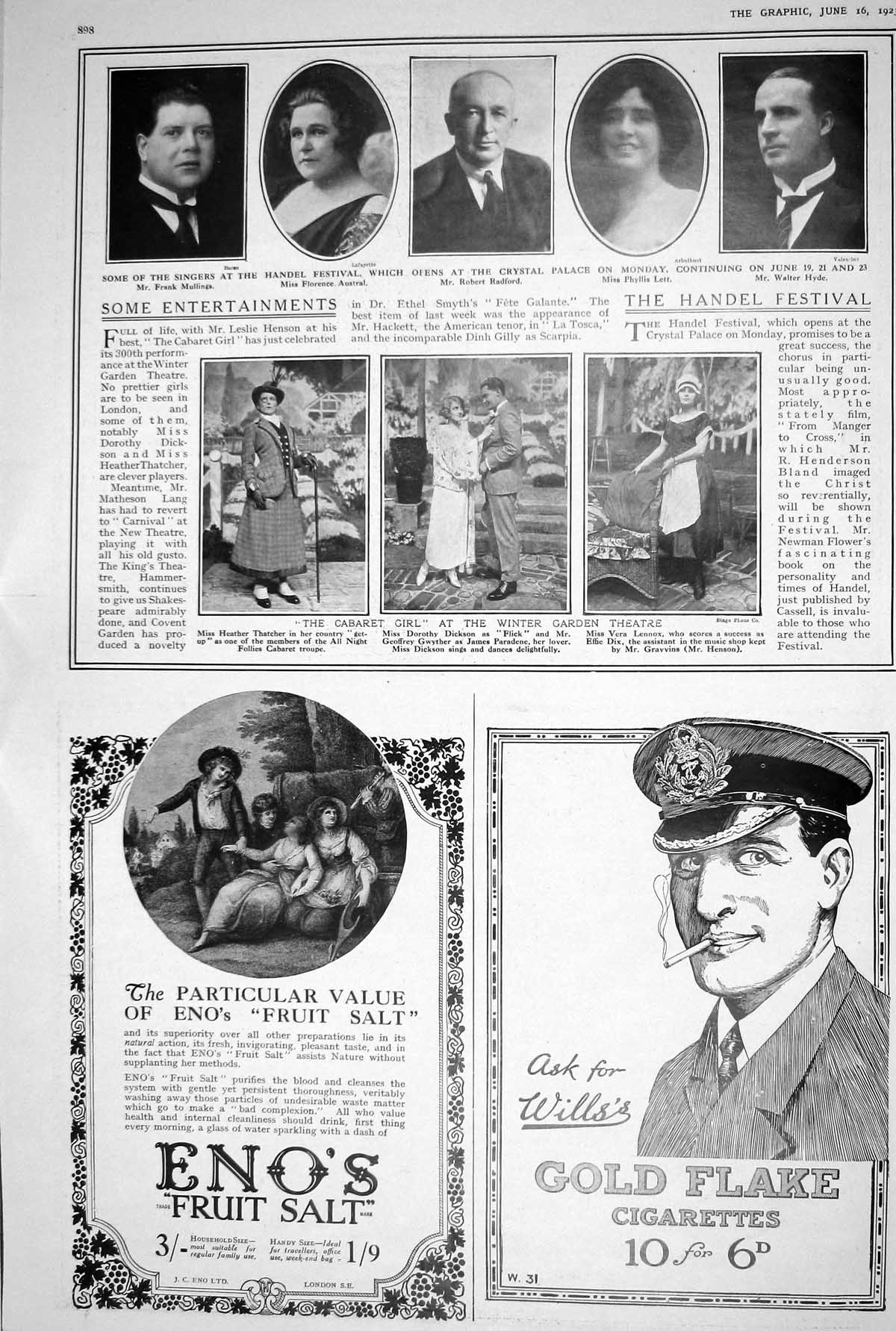 Antique Print 1923 Enos Fruit Salt GFlake Cigarettes Wills Theatre Cabaret 20th