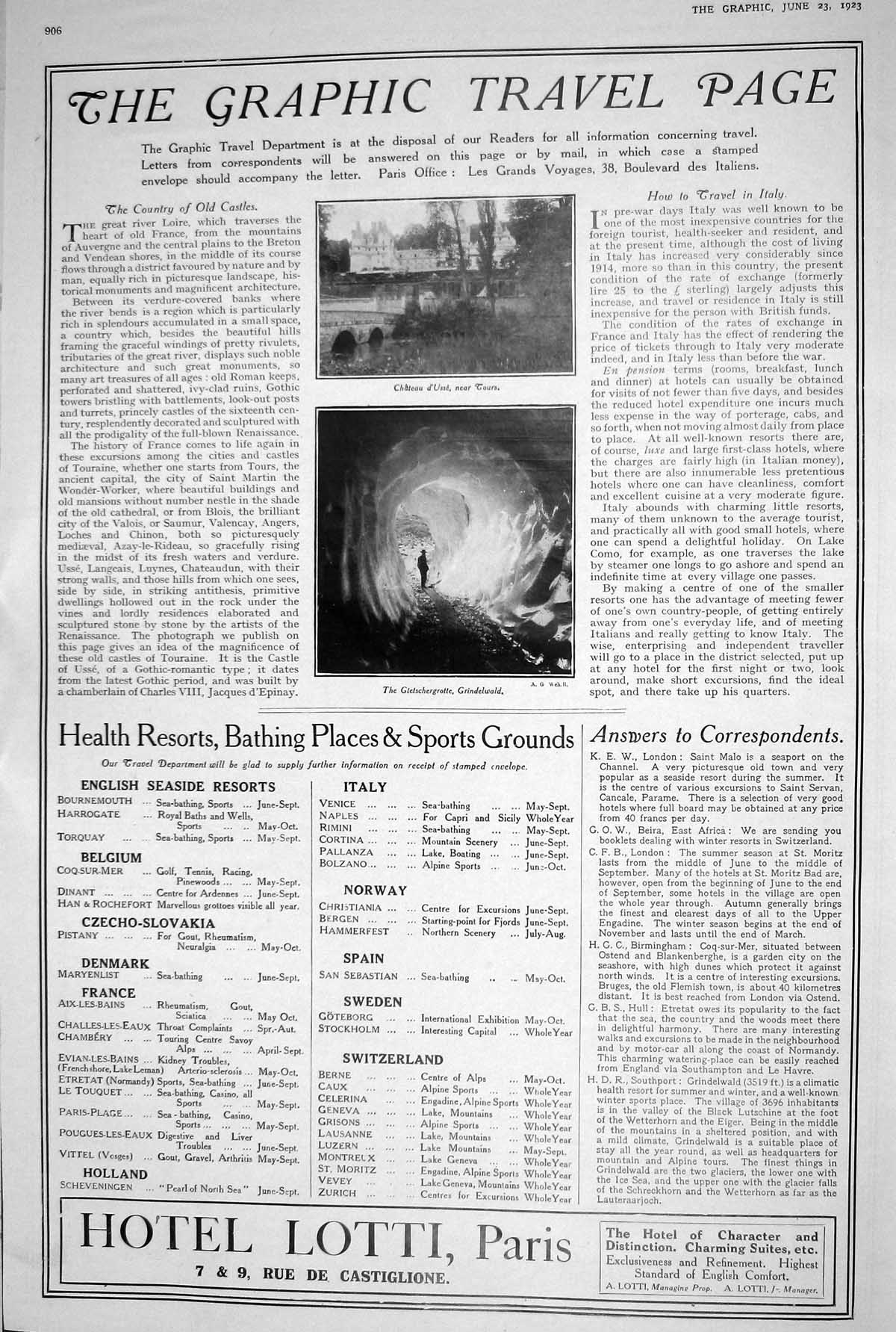 Old 1923 Travel Chateau D'Usse Cours Gletschergrotte Grindelwald Hote 20th