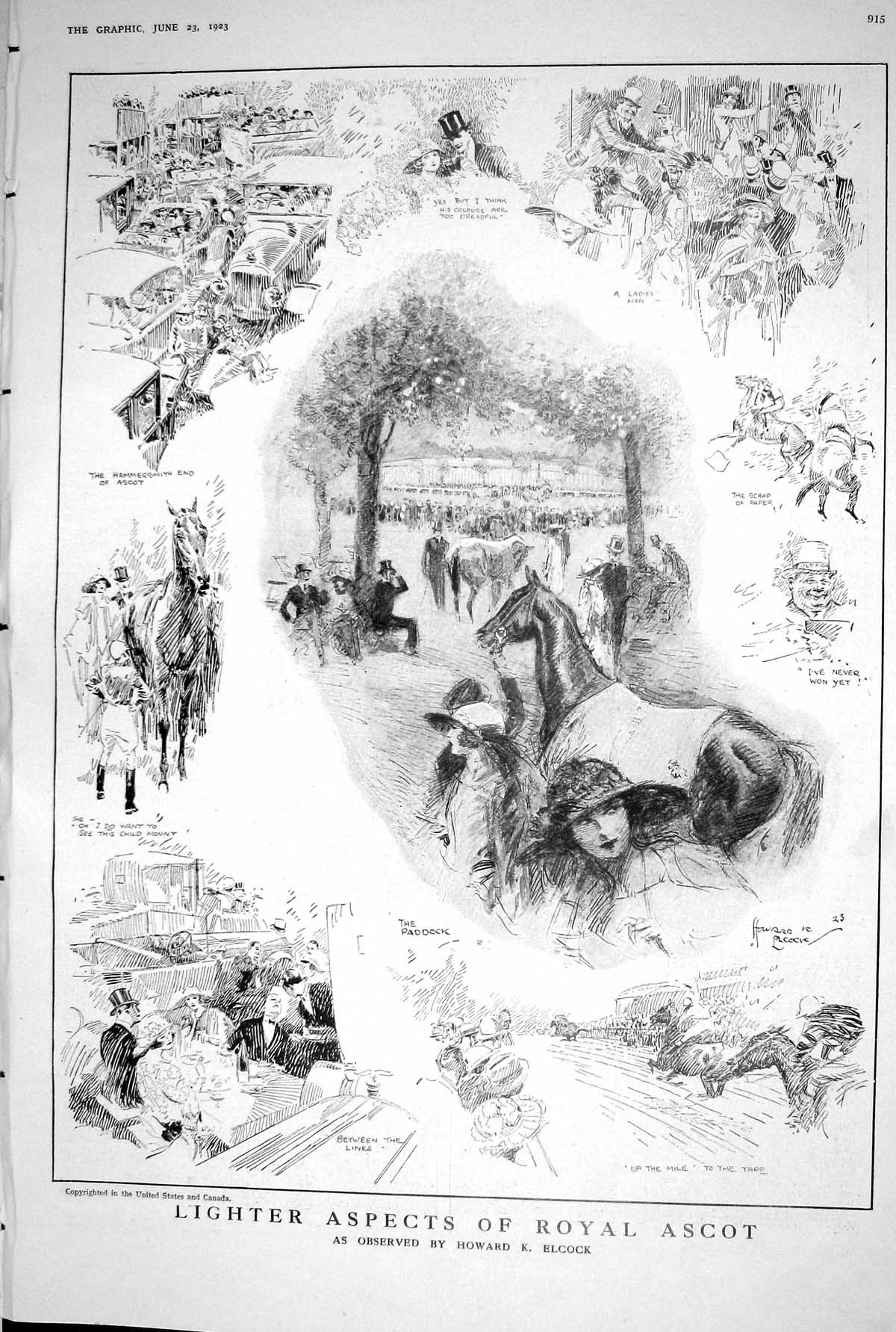 Old 1923 Royal Ascot Elcock Drawings Horse Flight Problems Show Ballo 20th