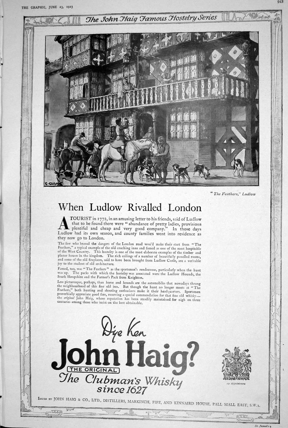 Old 1923 John Haig Culbman Whisky Distillers Feathers Hostelry Series 20th