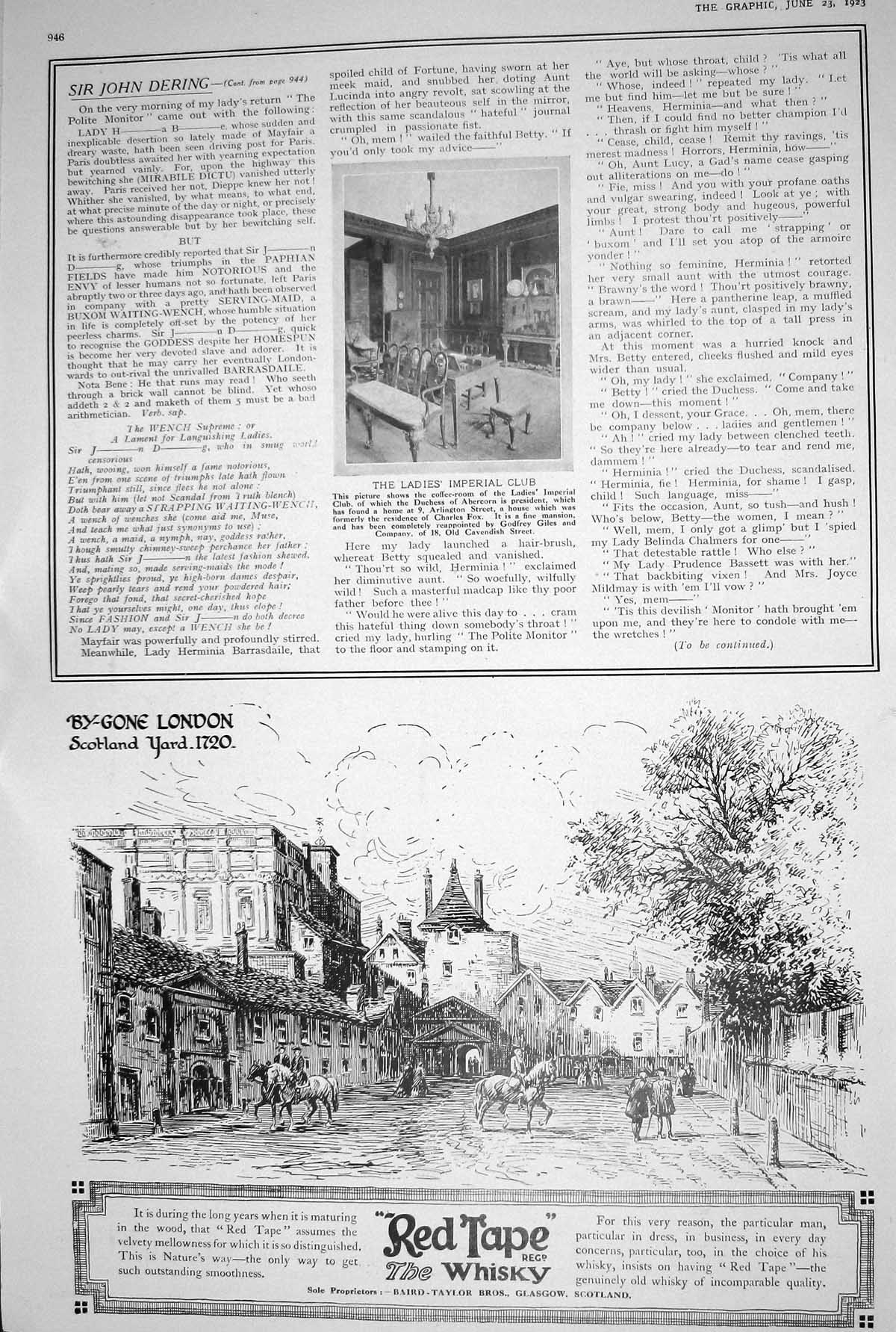 Old 1923 Red Tape Whisky Ladies Imperial Club John Dering Sir Eno Fru 20th