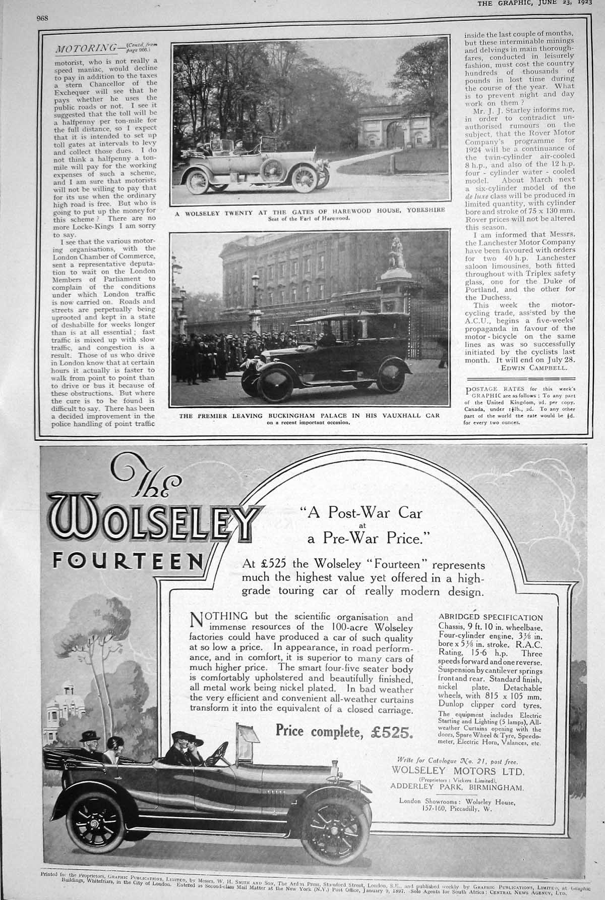 Old 1923 Wolseley Twenty Car Vauxhall Fourteen Crossley Motors Lanche 20th