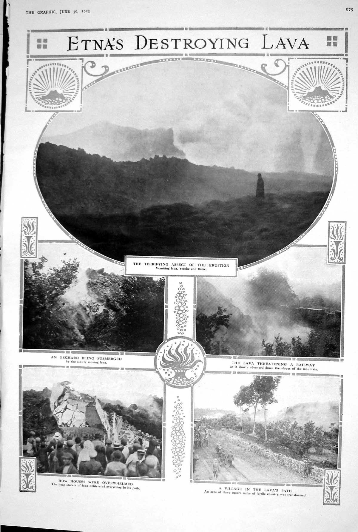 Old 1923 Etna Volcano Destroying Lava Eruption Stream Cerro Photgraph 20th