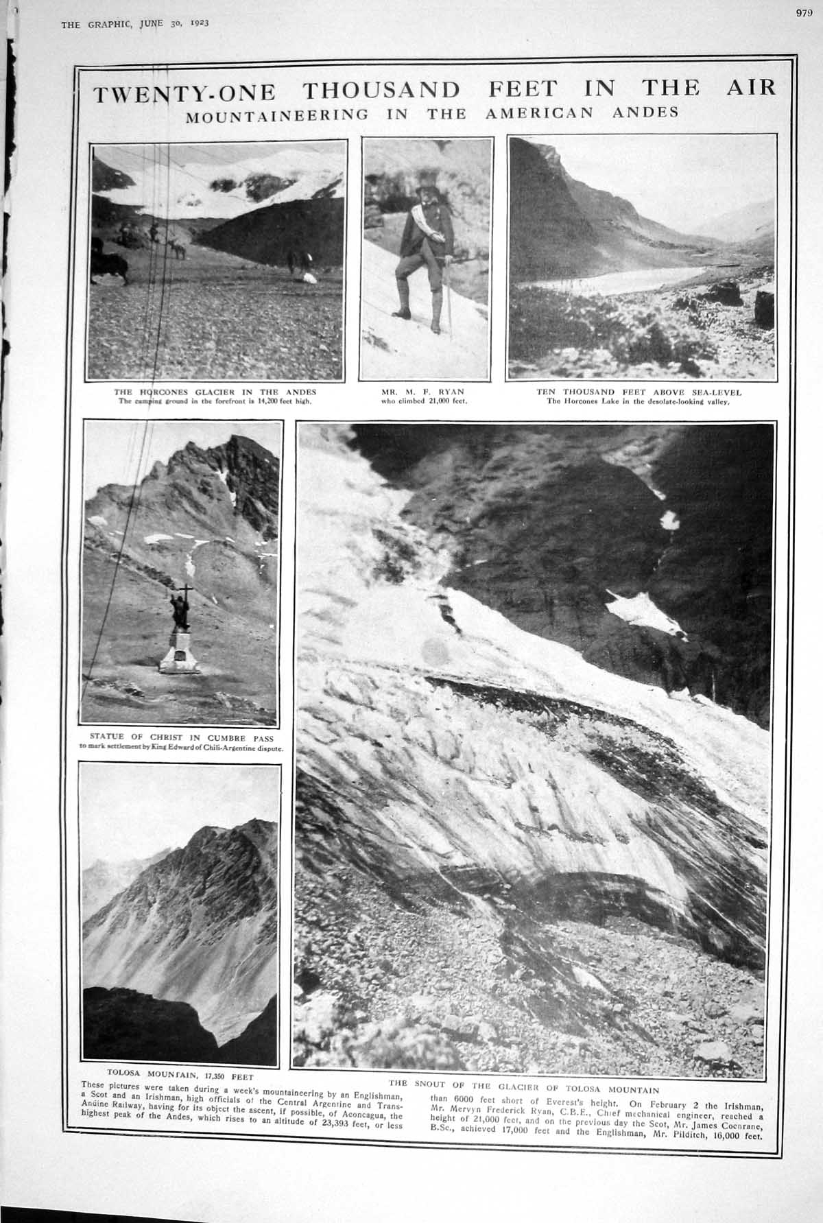 Old 1923 Mountaineering American Andes Tolosa Mountain Thames Tunnel 20th
