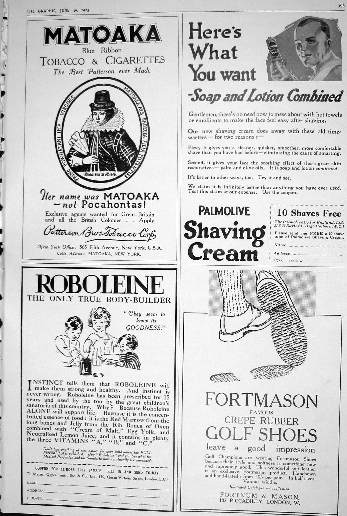 Old 1923 Advert Tobacco Cigarettes Matoaka Palmolive Shaving Robolein 20th