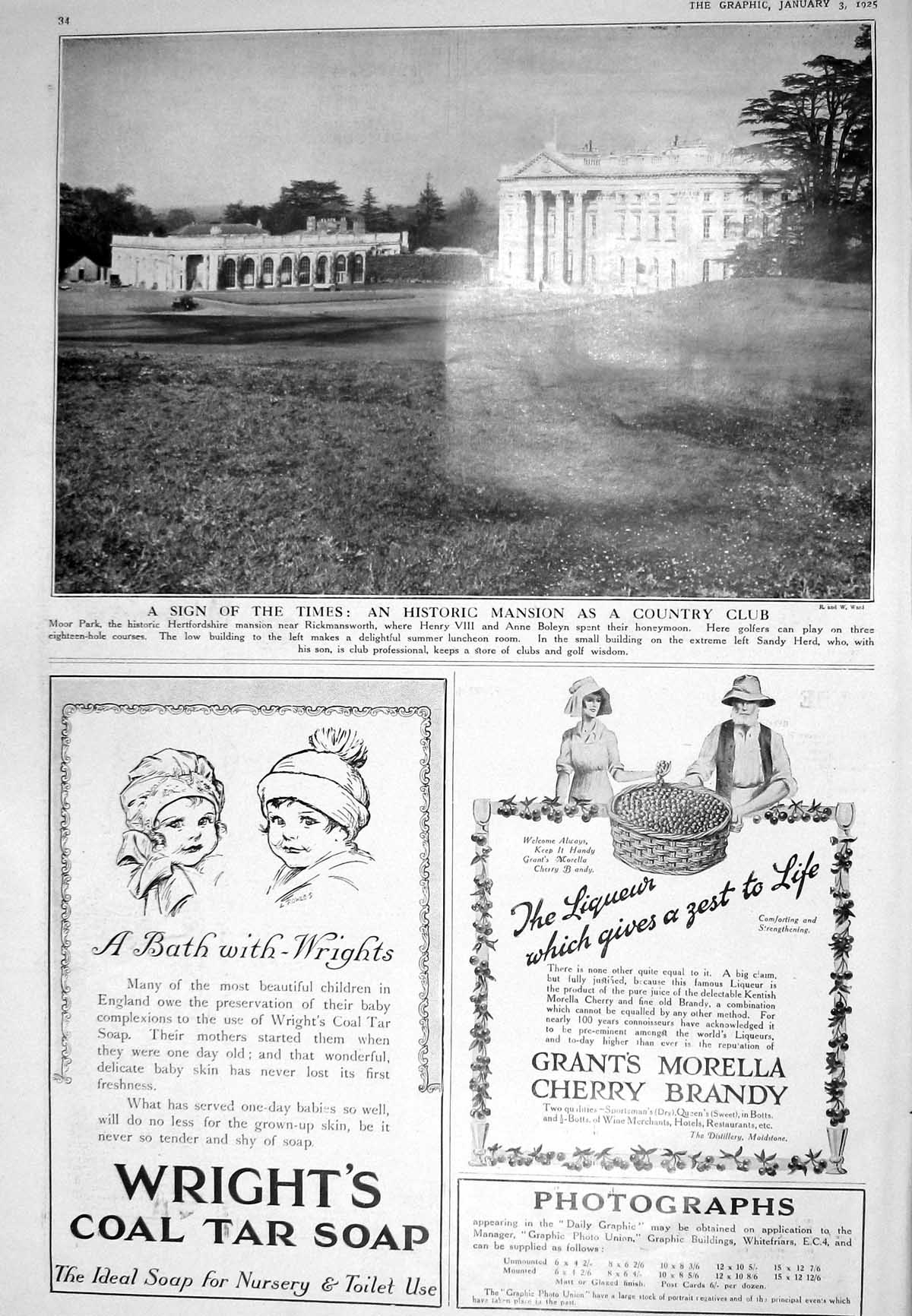 Antique Old Print 1925 Moor Park Mansion House Country Club Debenham Marshall