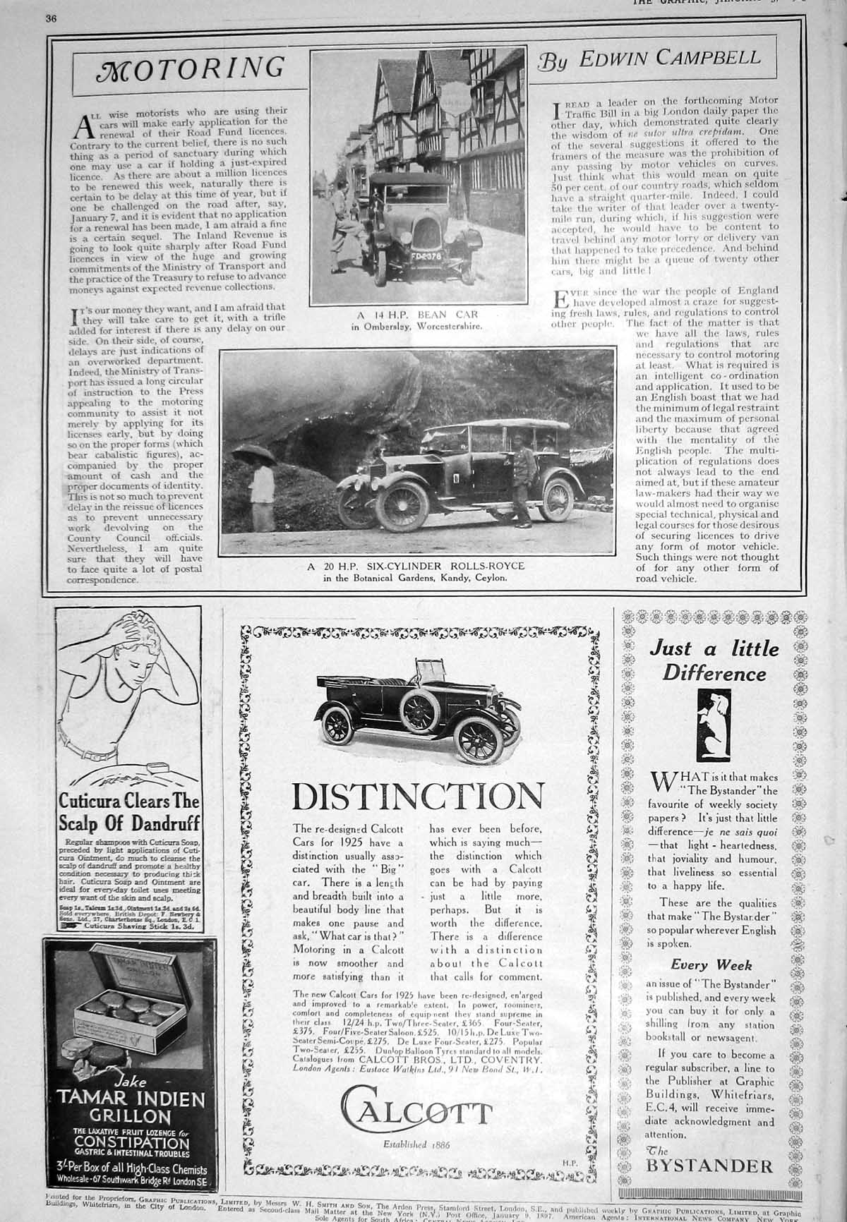 Old Print 1925 Bean Motor Car Rolls Royce Calcott Carr'S Biscuits Whisky 20th