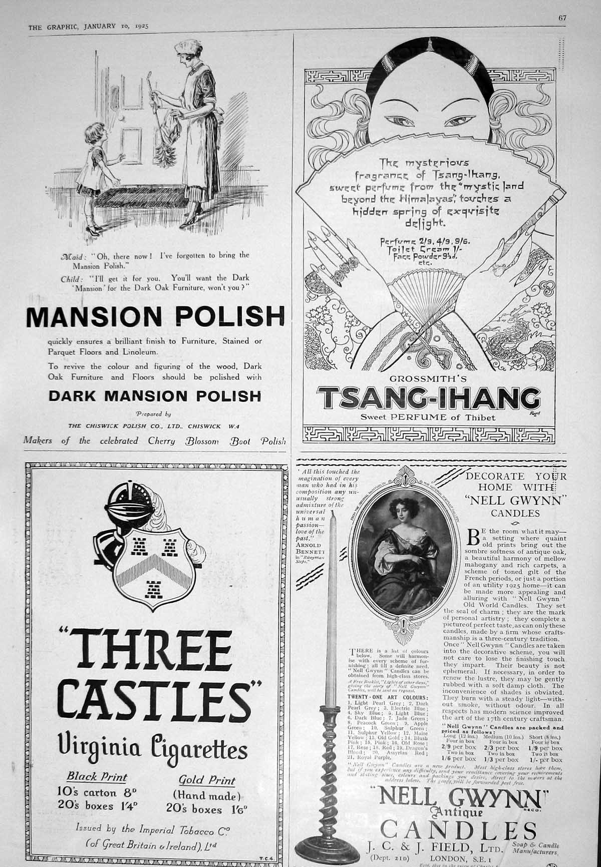Old Print 1925 Mansion Polish Nell Gwynn Candles Lancia Spinet Cigarettes 20th