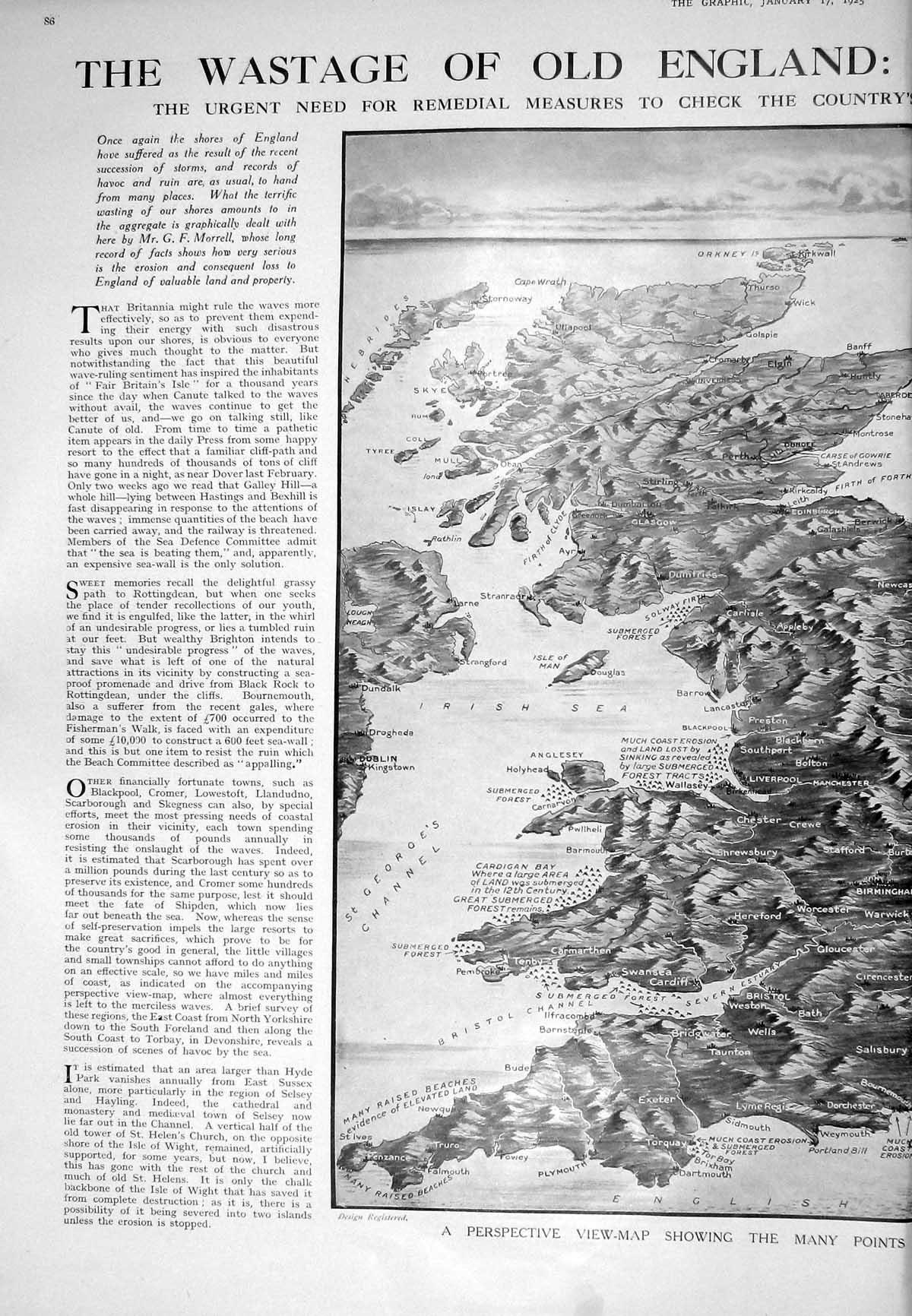 Old 1925 Map Great Britain Sea Shores Shrinkage England Scotland Wale 20th