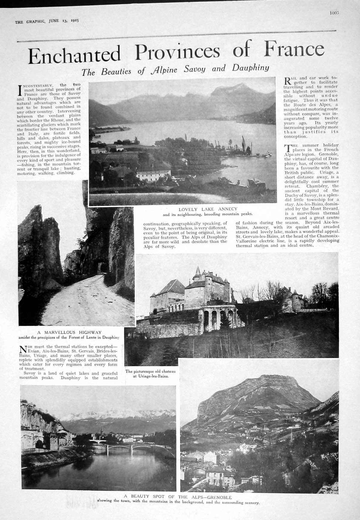Old Print 1925 France Lake Annecy Chateau Uriage-Les-Bains Grenoble Post 20th