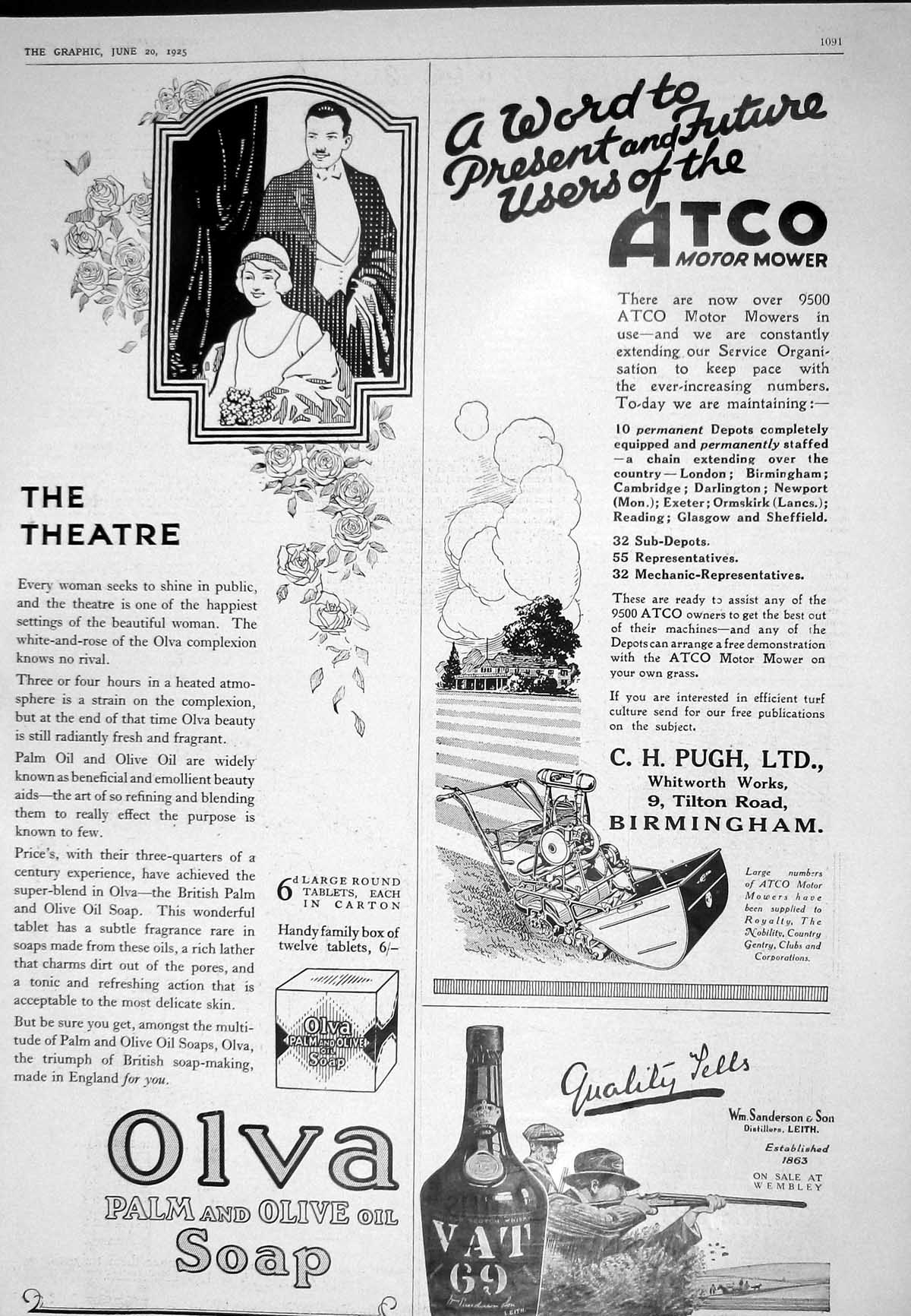 Antique Print 1925 Atco Motor Mower Olva Palm Olive Soap Vat 69 Sanderson 20th