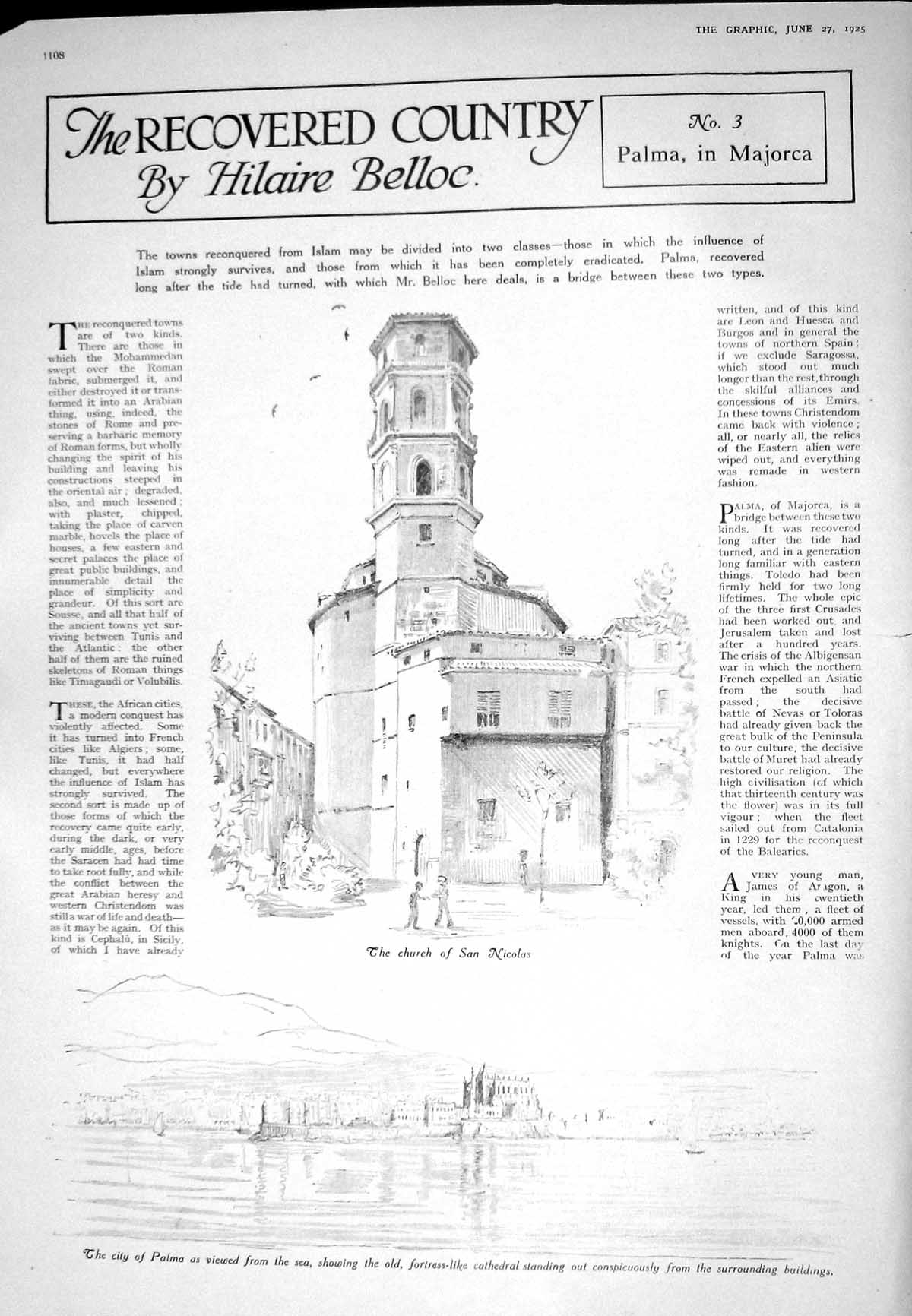 Antique Old Print 1925 Church San Nicolas Palma Majorca Castle Bellver Spain