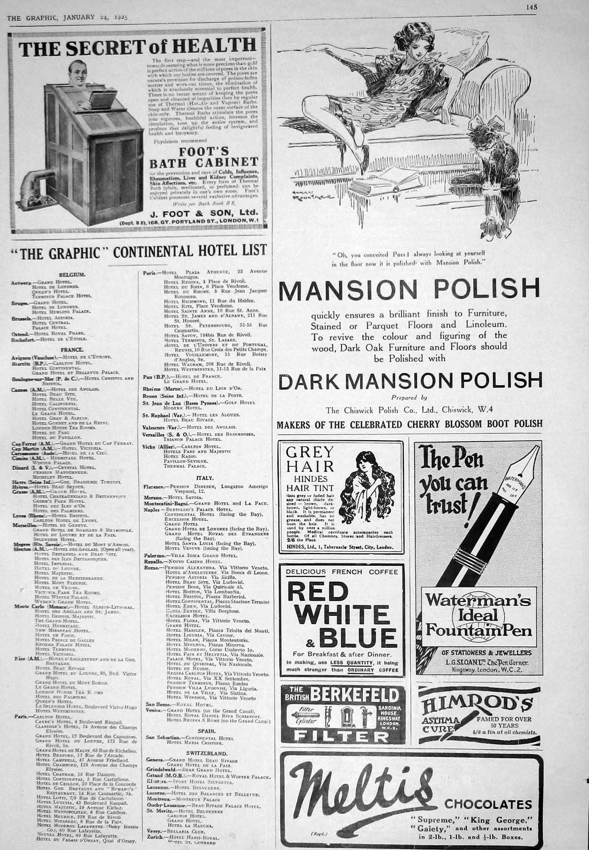 Antique Old Print 1925 Mansion Polish Waterman Fountain Pen Meltis Chocolates