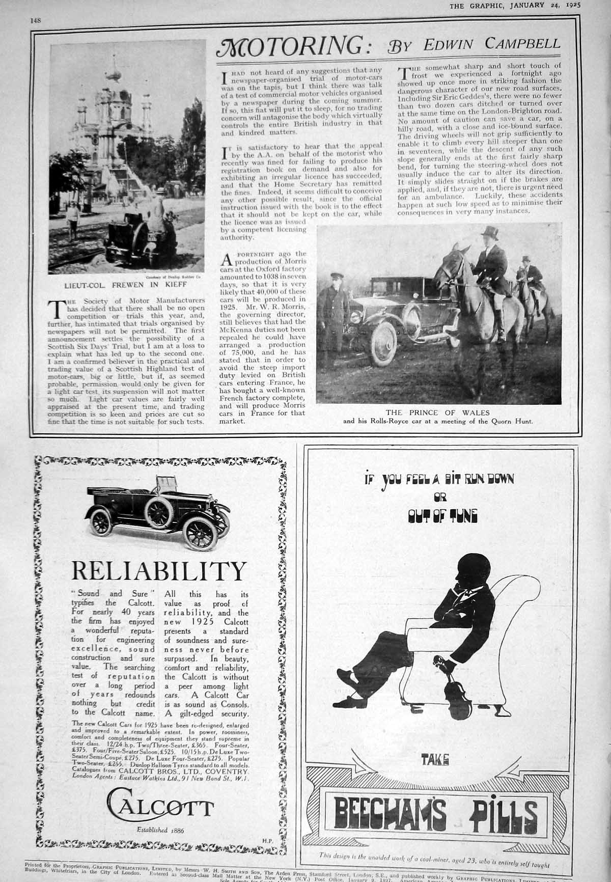 Antique Old Print 1925 Prince Wales Rolls Royce Motor Car Frewen Kieff Singer