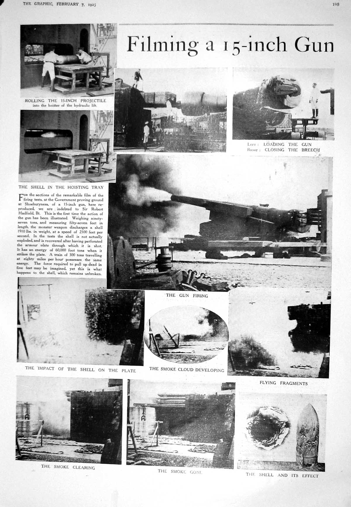 Old 1925 15-Inch Gun War Shell Photograph Steel-Maitland Colonel Walt 20th