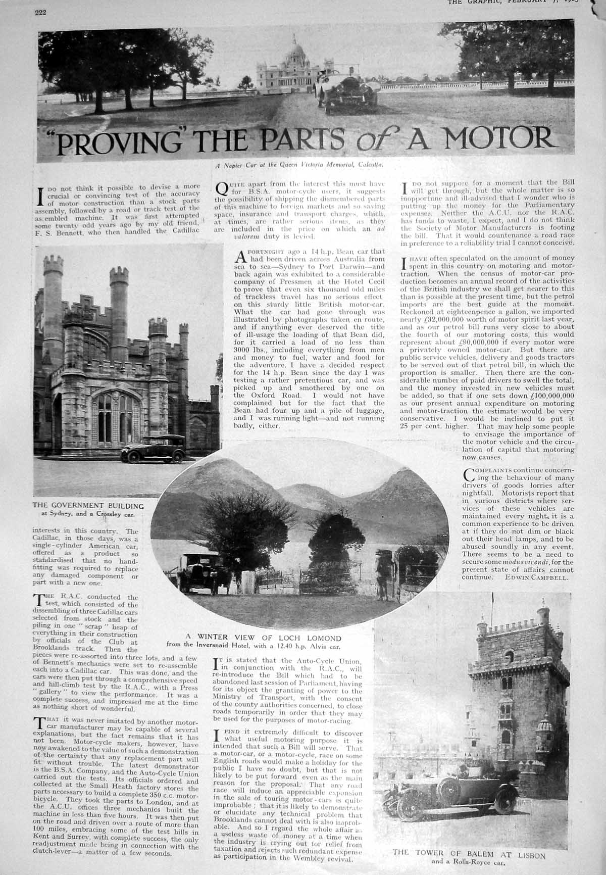 Old Print 1925 Queen Victoria Memorial Calcutta Loch Lomond Balem Lisbon 20th
