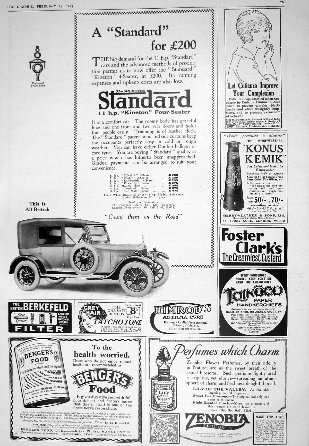Antique Old Print 1925 Standard Motor Car Zenobia Bengers Food Konus Kemik 20th