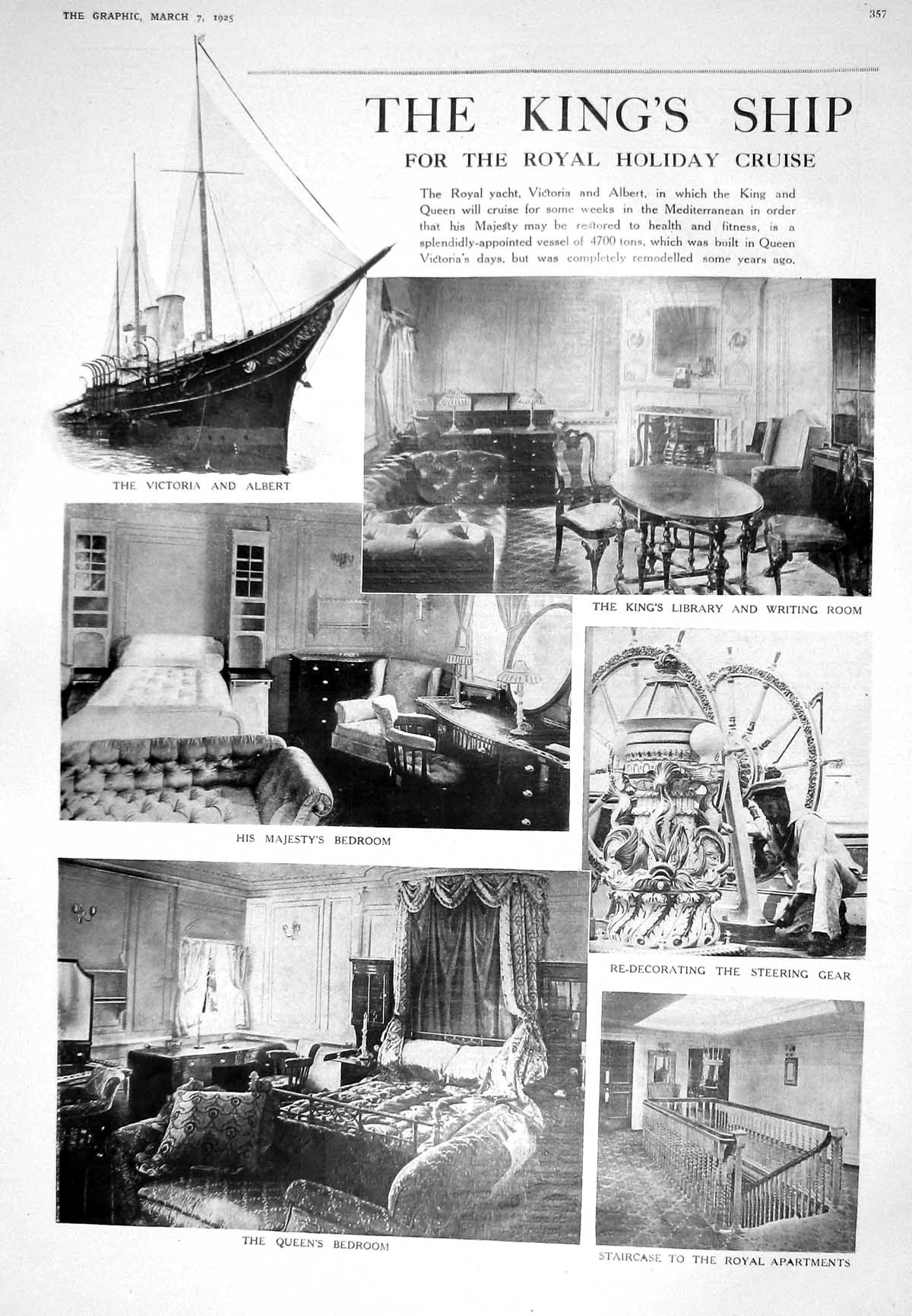 Old 1925 King Queen England Ship Victoria Albert Bedroom Lord Shaw Po 20th