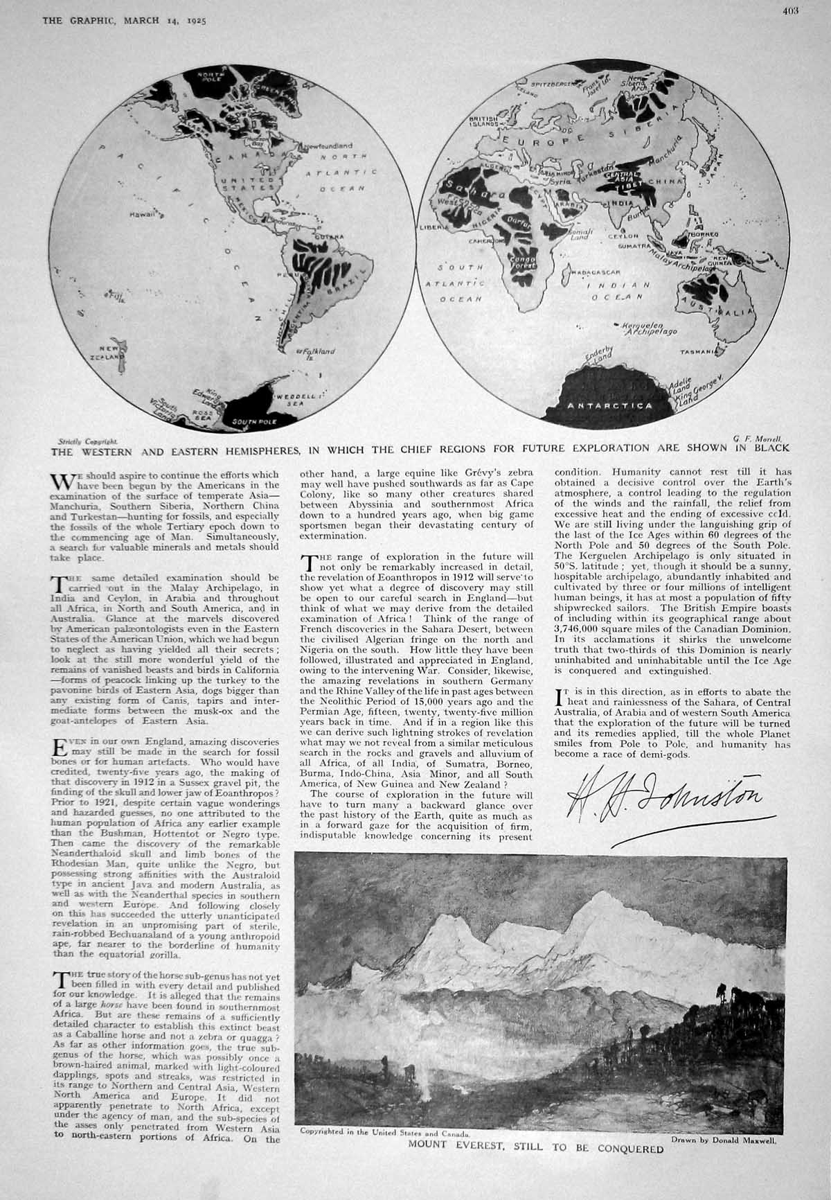 Old 1925 Mount Everest World Hemispheres Exploration Wood Street Comp 20th