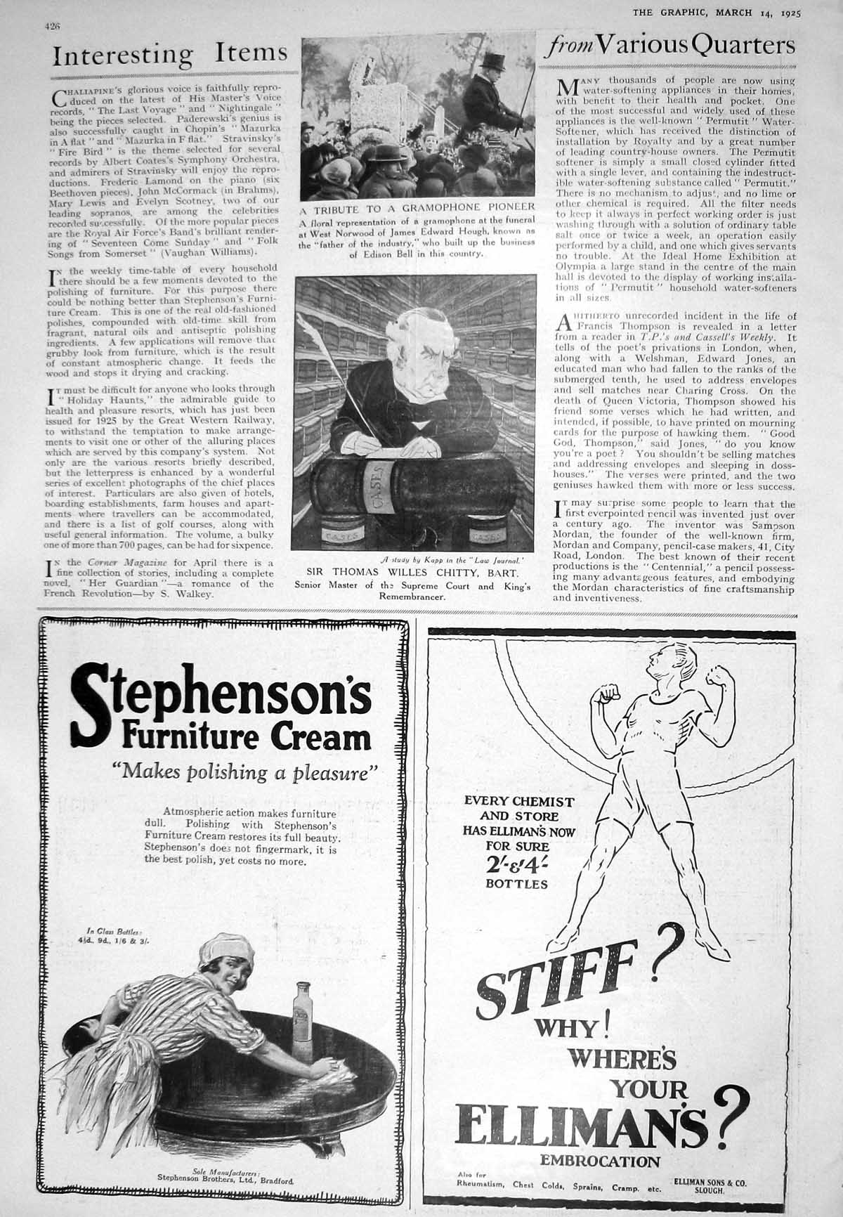 Antique Old Print 1925 Gramaphone James Hough Thomas Chitty Woodrow Ellimans