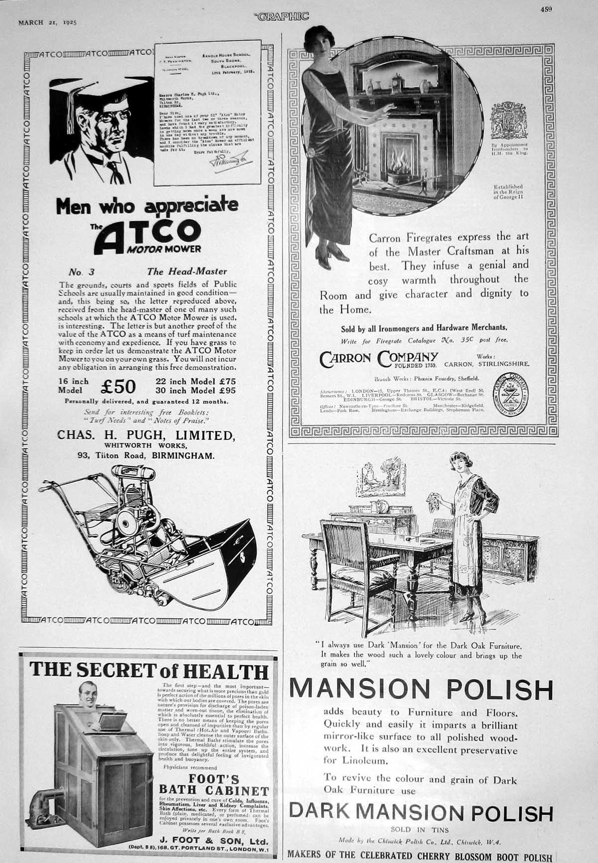 Antique Old Print 1925 Atco Motor Mower Carron Mansion Polish Bath Cabinet 20th