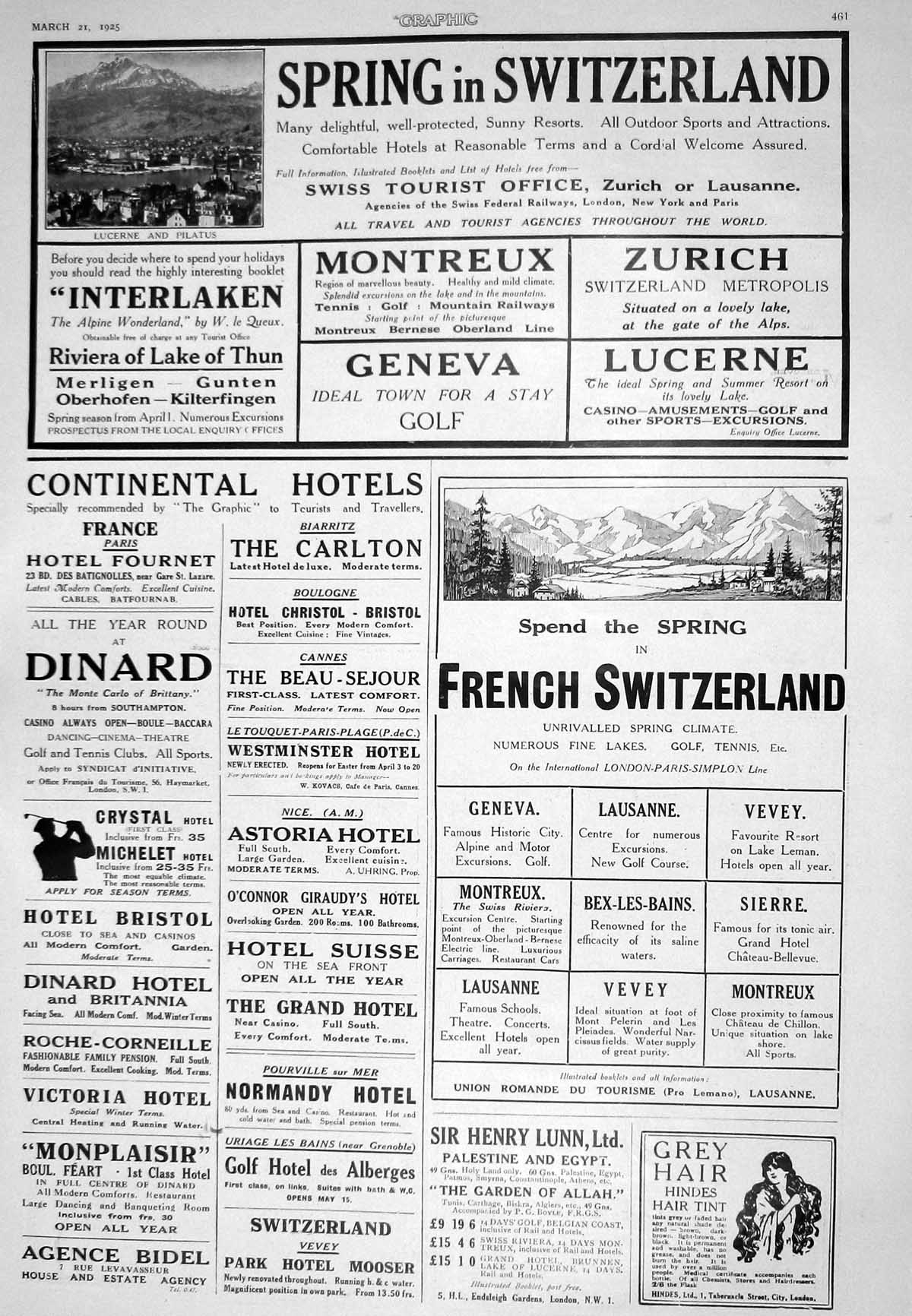 Antique Old Print 1925 Spring Switzerland Interlaken Zurich Lucerne Geneva 20th