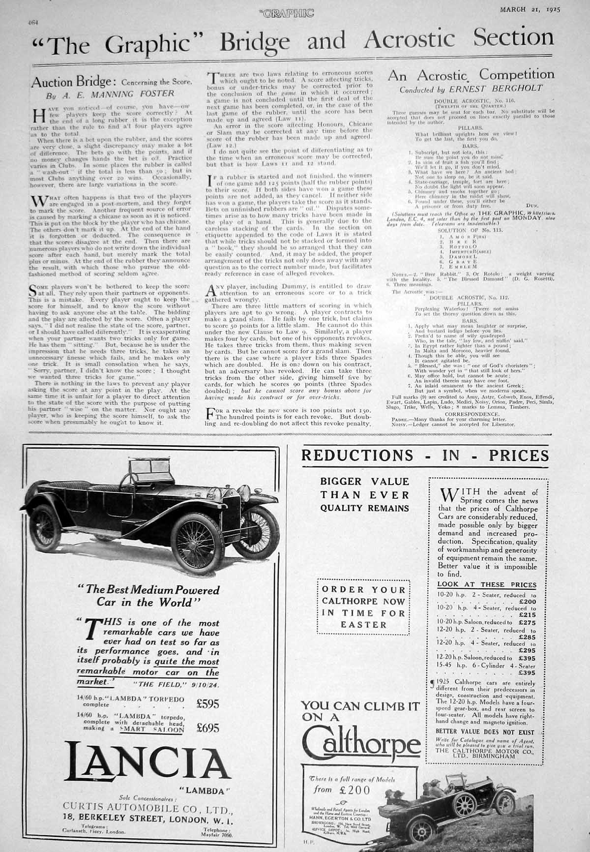 Old Print 1925 Advertisement Lancia Curtis Motor Car Calthorpe Birmingham 20th