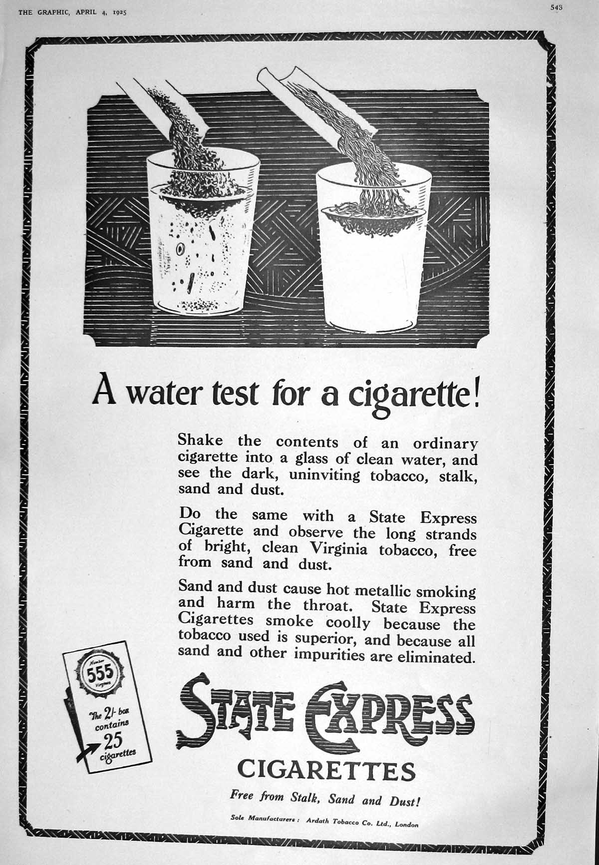 Old 1925 Advertisement State Express Cigarettes Tobacco Water Test Ar 20th