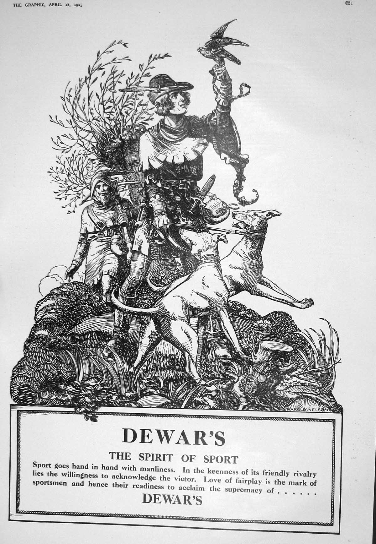 Antique Print 1925 Advertisement Dewars Spirit Sport Hunting Dogs Bird Prey