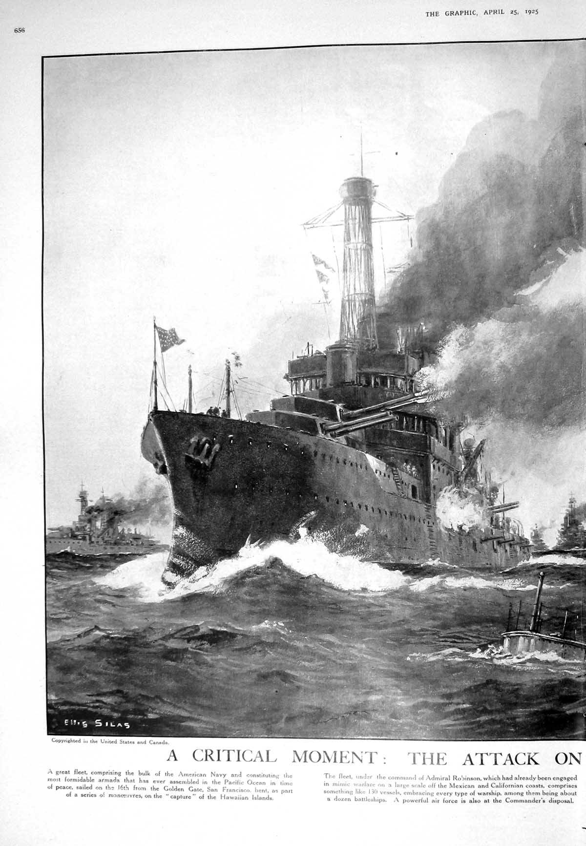 Old Print 1925 War Ship American Navy Hawaii Honolulu Submarine Robinson 20th
